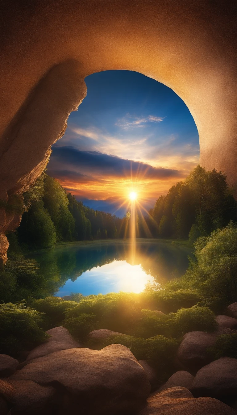 Beautiful sunset images，There is a lake in the middle, Magic portal in the sky, Lens flare. occult photorealism, world seen only through a portal, heaven gate, heaven planet in background, infinite space clock background, The Eye of God, rays of sunshine
