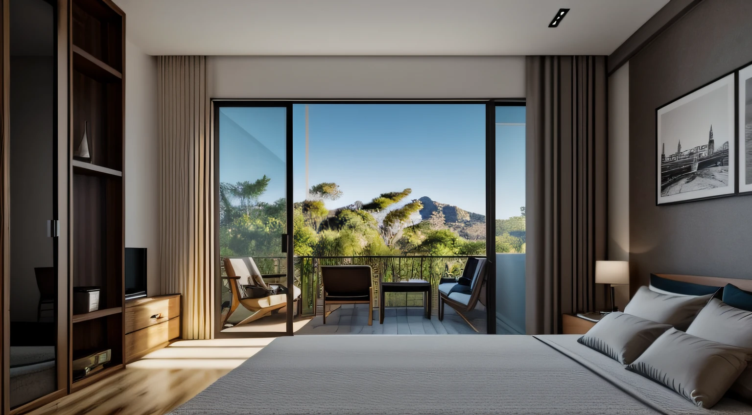 Arafed Room with one bed, una silla, y una gran ventana, cuarto oscuro, Bright room, bed room, interior escuro, Ambiente de lujo, Oscuro y realista, with photorealistic lighting, sala interior mal iluminada, Apartamento con paredes negras, Enscape renderizado, Renderizado bellamente detallado, Ambiente relajante, Cuarto fotorrealista, dense with vegetation