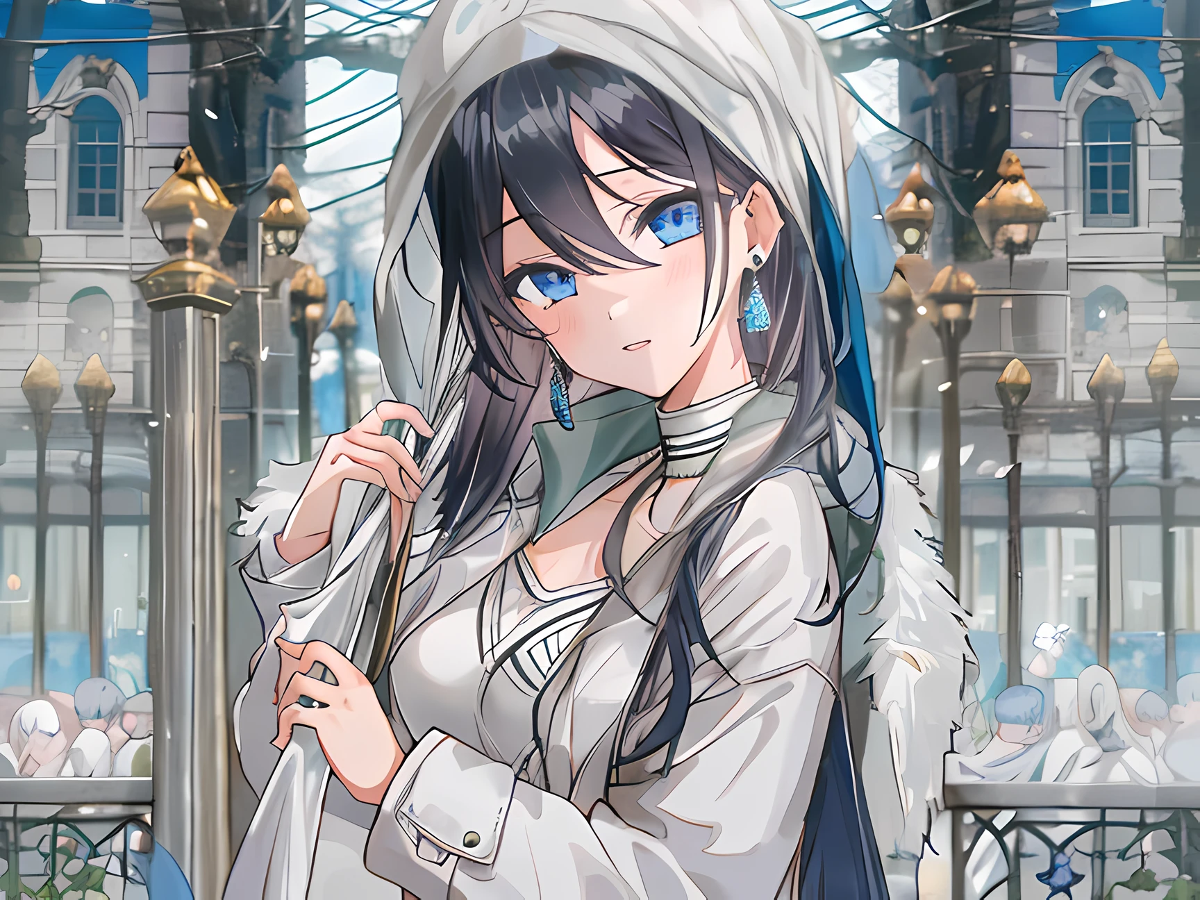 (masterpiece, best quality), very long hair, jet black hair, looking at viewer, bright blue eyes, eye bags, bag, white coat, long sleeves, outdoors, holding, bangs, coat, solo focus, dress, standing,, white dress, 1girl, jewelry, earrings, hair between eyes, open clothes