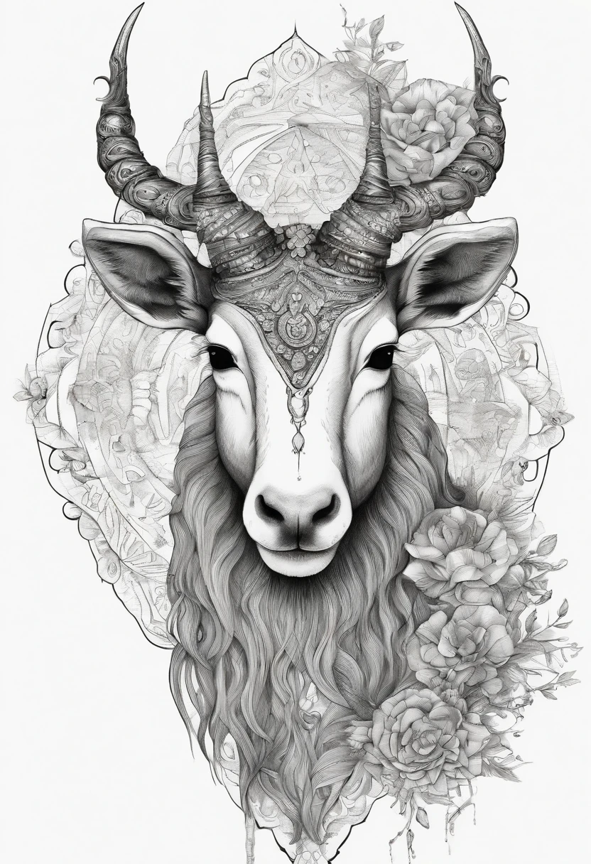 The head of the antelope with luxurious and striking horns, add floral details around it, bring a sense of horror and eerie feeling to the picture,(black and white image)