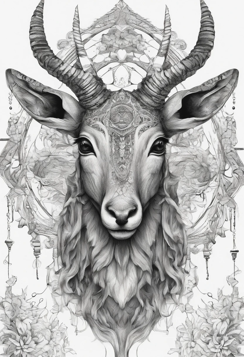 The head of the antelope with luxurious and striking horns, add floral details around it, bring a sense of horror and eerie feeling to the picture,(black and white image)