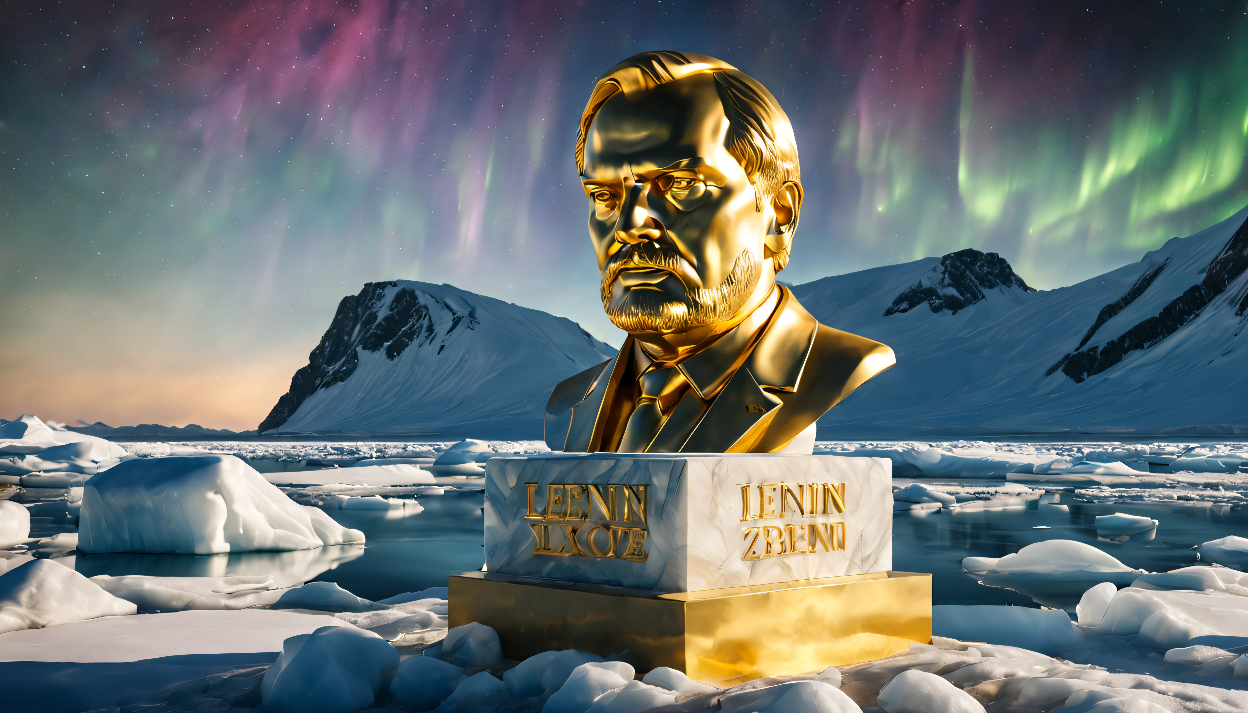 the resplendent solid gold bust of lenin, marble embossed plinth writing, frozen wasteland of antarctica, daytime, brilliant sunlight, icy water, aurora, stars, galaxies, nebulae