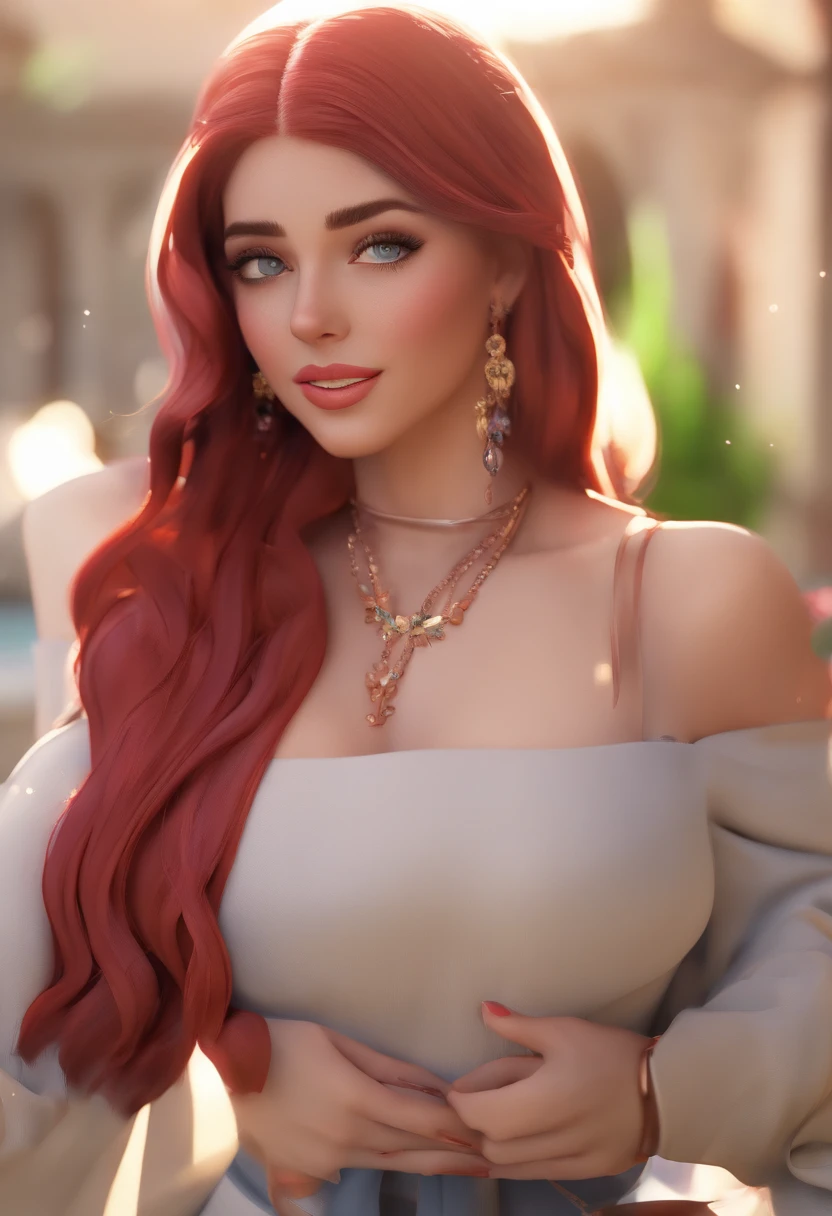 8k, RAW photo, best quality, masterpiece:1.2),(realistic, photo-realistic:1.37),sunset,soft light,"photo of a Beauty Arabic women with Huge boob,hijab, extremely beautiful face,bust,Random hairstyle,red hair color,Naughty expression,pigsney, adult content,nsfw,cleavage