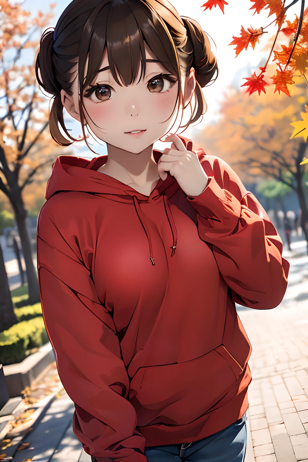 top-quality、masuter piece、ultra-detailliert、8ｋ、独奏、Cowboy Shot、parfect anatomy、1 girl in、shorth hair、(((Hair tied in two、brown haired:1.3)))、GAP Long Sleeve Hoodie、Old Denim、slightly larger breasts、Natural look、red-lips、(((plein air:1.2、a park、blue open sky、Maple tree of red color、a park)))、(((Blurry and invisible background)))