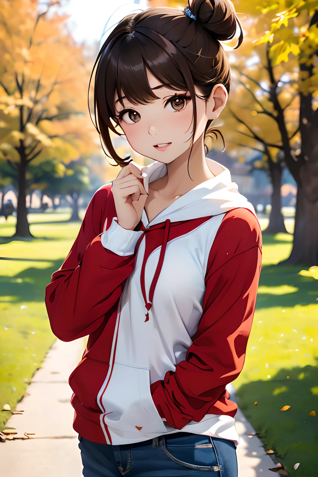 top-quality、masuter piece、ultra-detailliert、8k、独奏、Cowboy Shot、parfect anatomy、1 girl in、shorth hair、(((Hair tied in two、brown haired:1.3)))、GAP Long Sleeve Hoodie、Old Denim、slightly larger breasts、Natural look、red-lips、(((plein air:1.2、a park、blue open sky、Maple tree of red color、a park)))、(((Blurry and invisible background)))