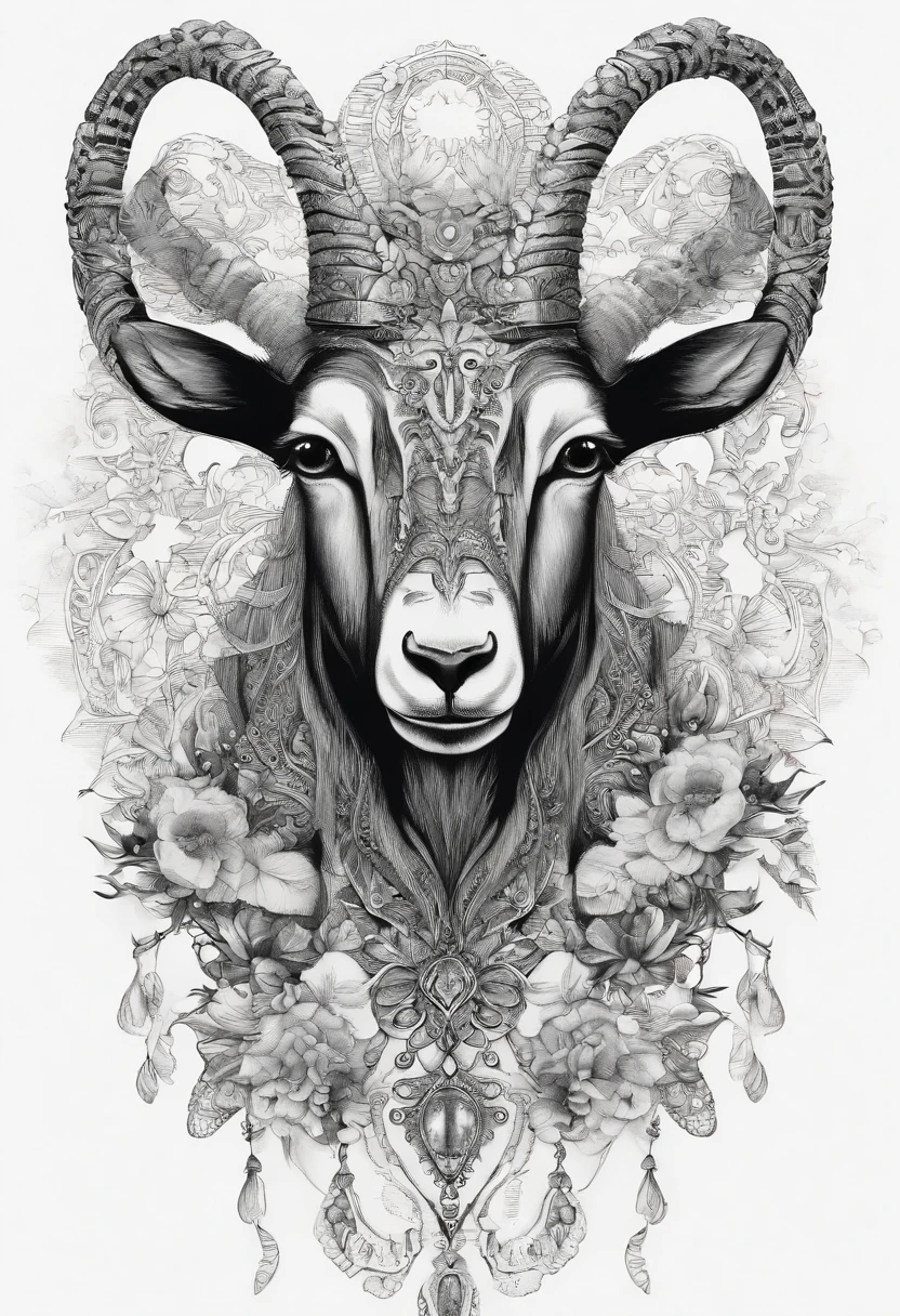 The head of the goat with luxurious and striking horns, add floral details around it, bring a sense of horror and eerie feeling to the picture,(black and white image)