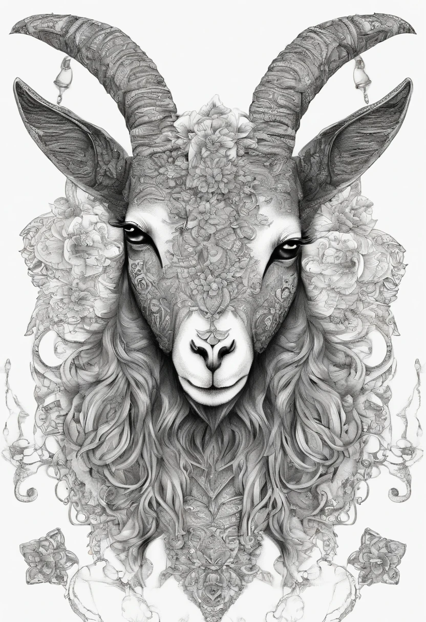The head of the goat with luxurious and striking horns, add floral details around it, bring a sense of horror and eerie feeling to the picture,(black and white image)
