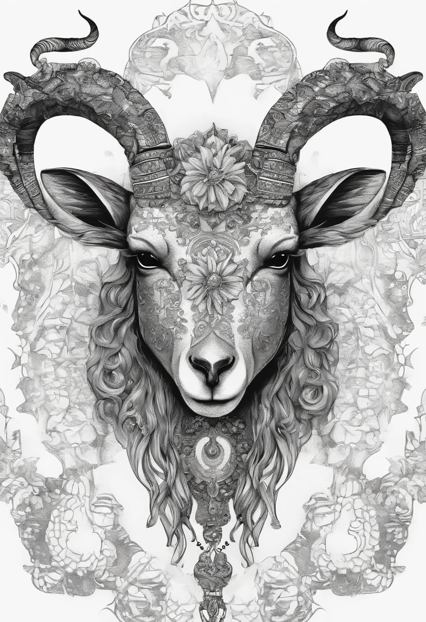 The head of the goat with luxurious and striking horns, add floral details around it, bring a sense of horror and eerie feeling to the picture,(black and white image)