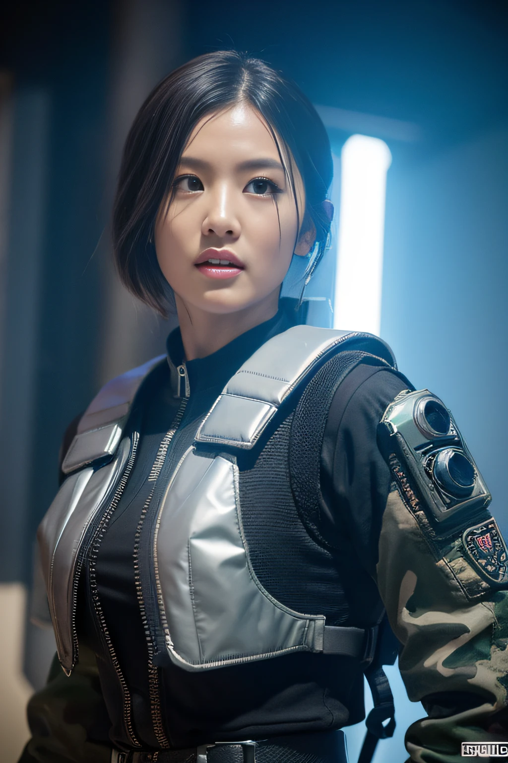 ((best quality)), ((master part)), (High detail:1.3), ....3d, machine gun in hand, Beautiful (Cyberpunk:1.2) 5 Special Forces, Robbot, Mulher com cabelo grosso e fofo (camuflar_uniforme:1.1), bullet proof vest, capa de chuva, digital (camuflar: 1.3), HDR (high dynamic range), ray tracing, NVIDIA RTX, Ultra high resolution, Unreal 5, Subsurface scattering, Textura PBR, Post-processing, anisotropic filtering, profundidade de campo, Maximum Sharpness and Sharpness, texturas multicamadas, Albedo and reflection maps, surface shading, Precise simulation of light-material interactions, Ideal aspect ratio, octane rendering, bicolor lighting, grande abertura, ISO baixo, White balance, rule of thirds, 8K BRUTO, Subpixels efetivos, Subpixel convolution,