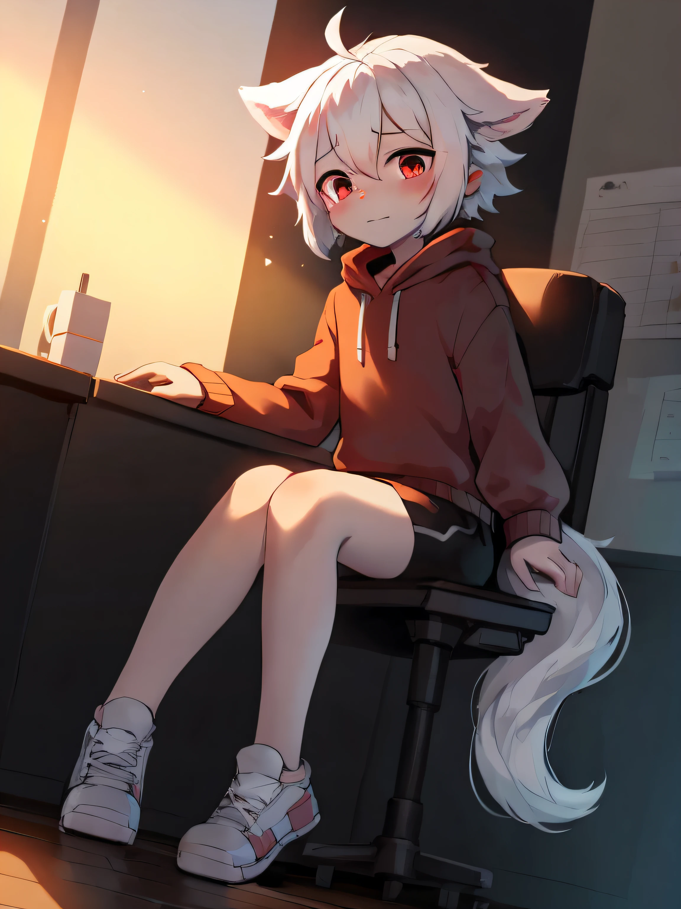 Shota，White color hair ，male people，Q version，（15year old，Teenage uncensored）， adolable， standing on your feet， Master masterpieces， A high resolution，8K，detailedbackground，high high quality，Libido boy，（（（独奏））），(Light red sweatshirt，white legwear，White shoes：0.6)，Look out the window，angle of view，left，Dreamlike，magical，baiyun，（Warm light source：1.2），in class room，A shy expression，Black  shorts，sit on chair,Hands on desks