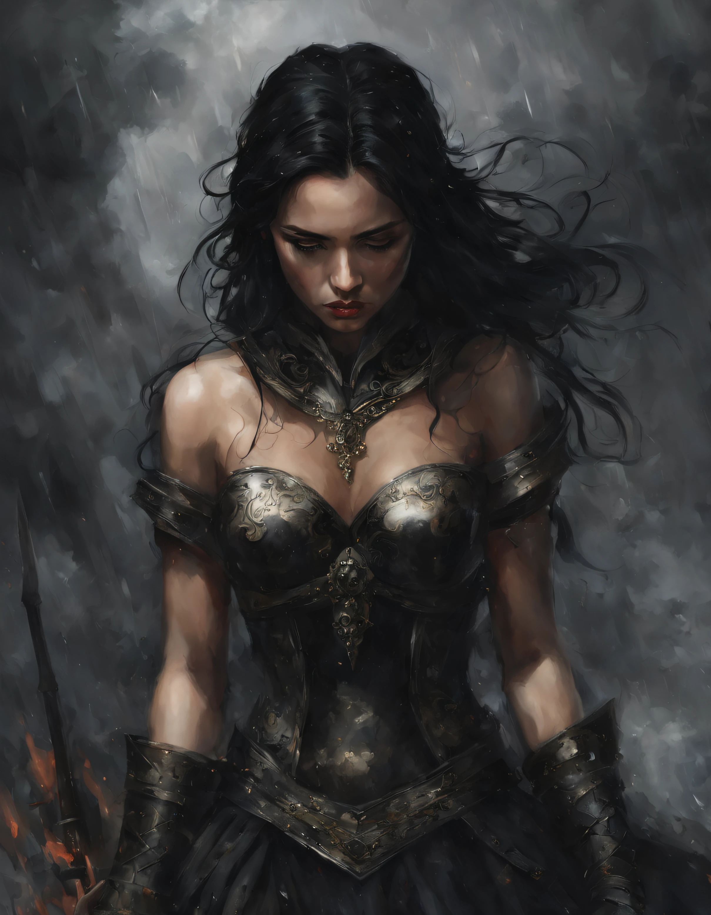 a kneeling warrior Beautifull woman looks down, she is very sad because she has lost the war, her friends are all dead, around her there is only death and destruction, there is smoke and died soldier's, and she is desperate, she is with no way out, she is sad and is crying in the stormy rain. black hair. black armor, black Background.rich background. demons, demon. many demons.