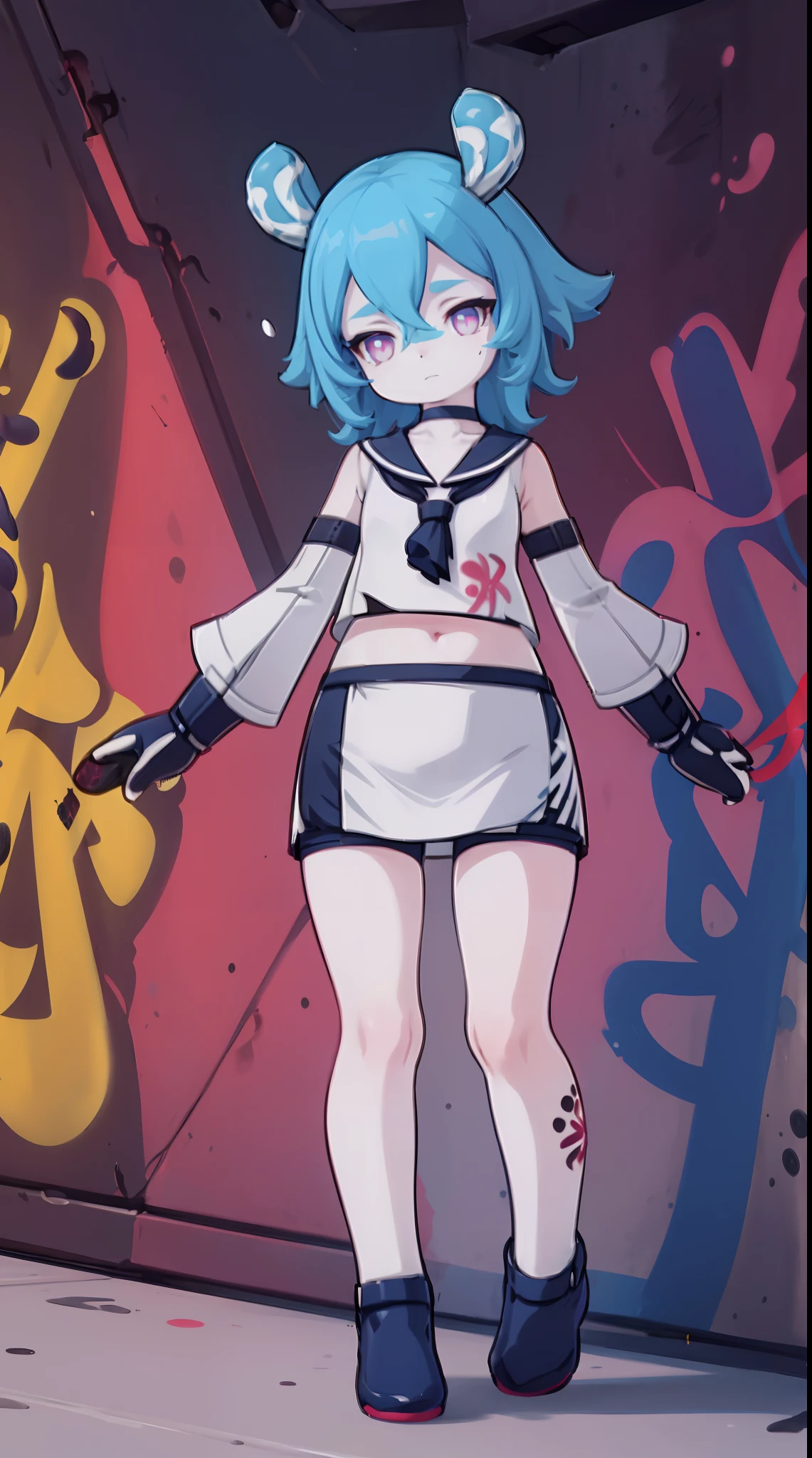 Melousine | genshin impact, master-piece, bestquality, 1girls,25 years old, proportional body, elongated legs, proportional.,sailor suit, short skirt, mediuml breasts, ,bara, crop top, choker, (Graffiti:1.5), Splash with purple lightning pattern., arm behind back, against wall, View viewers from the front., Thigh strap, Head tilt, bored, 10, 10, HD,