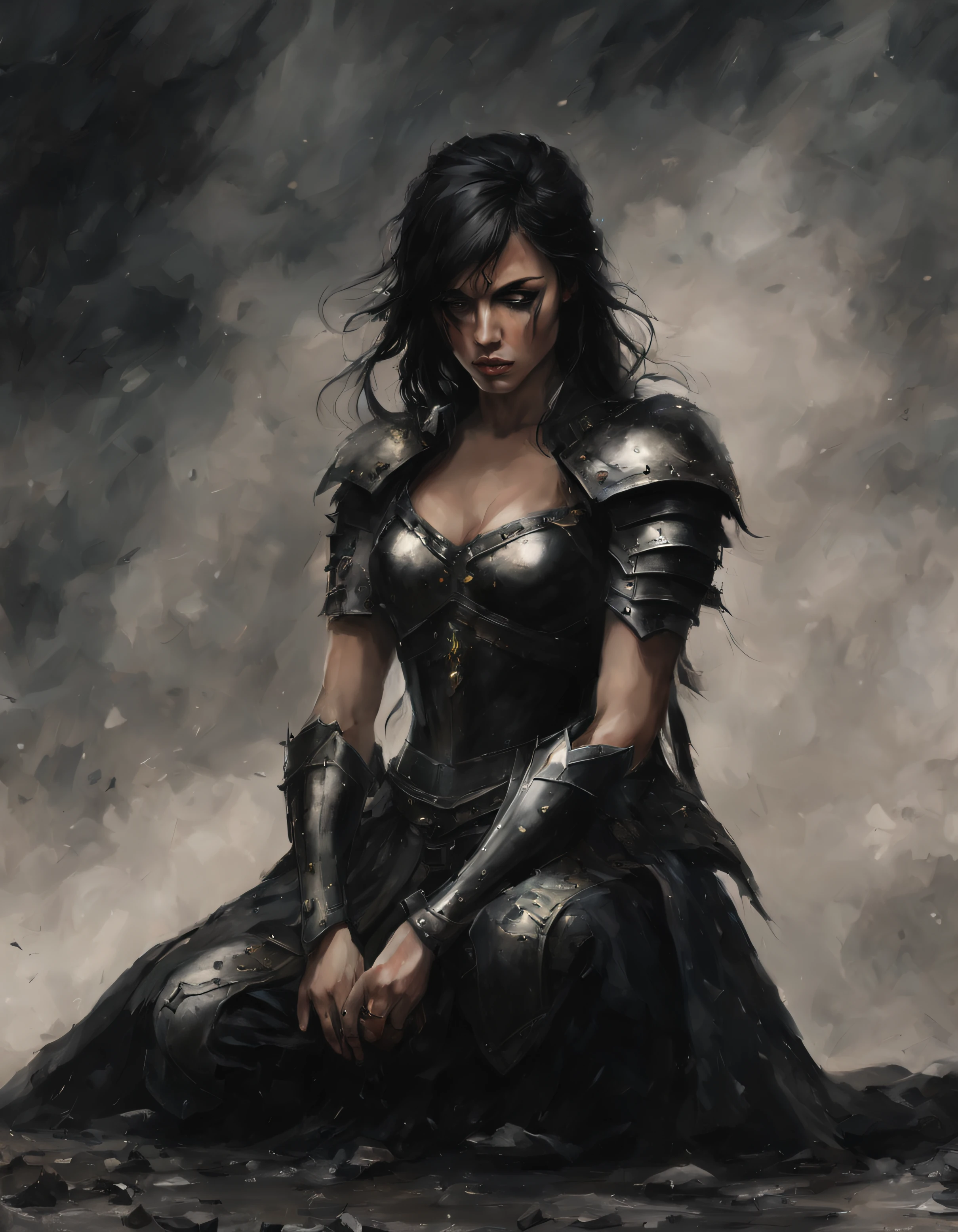 a kneeling warrior Beautifull woman looks down, she is very sad because she has lost the war, her friends are all dead, around her there is only death and destruction, there is smoke and died soldier's, and she is desperate, she is with no way out, she is sad and is crying in the stormy rain. black hair. black armor, black Background.rich background. demons, demon. many demons.