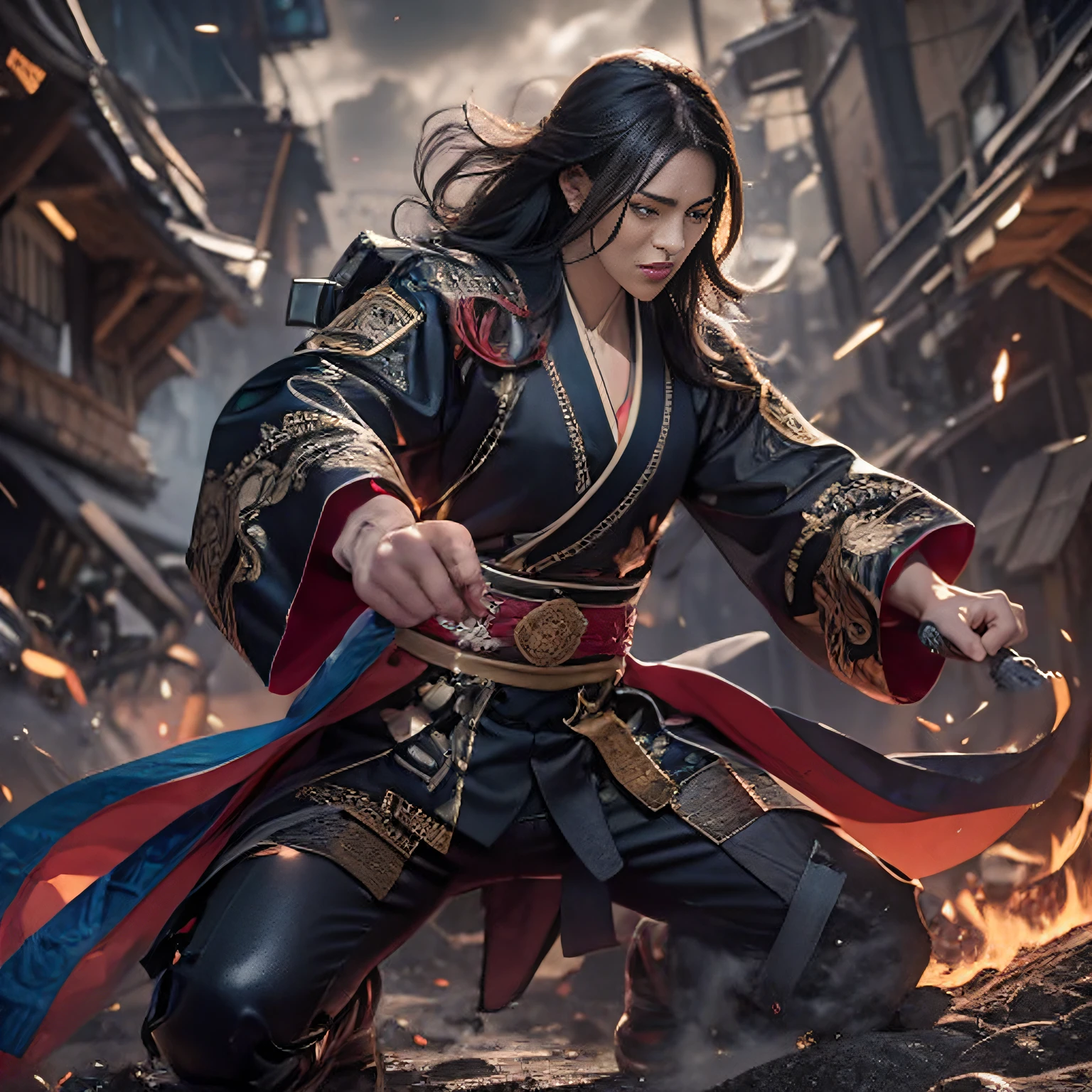 (废墟)eyes filled with angry,He clenched his fists,Rush up,Deliver a fatal blow to your opponent,full bodyesbian,Full Body Male Mage 32K(tmasterpiece,k hd,hyper HD,32K)Long flowing black hair,Campsite size,zydink, a color, patriot (废墟), (Linen batik scarf), Angry fighting stance, looking at the ground, Batik linen bandana, Chinese python pattern long-sleeved garment, (Abstract propylene splash:1.2), Dark clouds lightning background,Flour flies(realisticlying:1.4),Black color hair,Flour fluttering,Background fog, A high resolution, the detail, RAW photogr, Sharp Re, Nikon D850 Film Stock Photo by Jefferies Lee 4 Kodak Portra 400 Camera F1.6 shots, Rich colors, ultra-realistic vivid textures, Dramatic lighting, Unreal Engine Art Station Trend, cinestir 800,Flowing black hair,(((Male mage))),The male mage was furious,