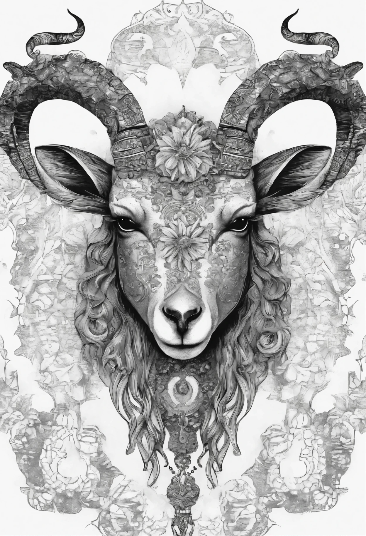 The head of the goat with luxurious and striking horns, add floral details around it, bring a sense of horror and eerie feeling to the picture,(black and white image)