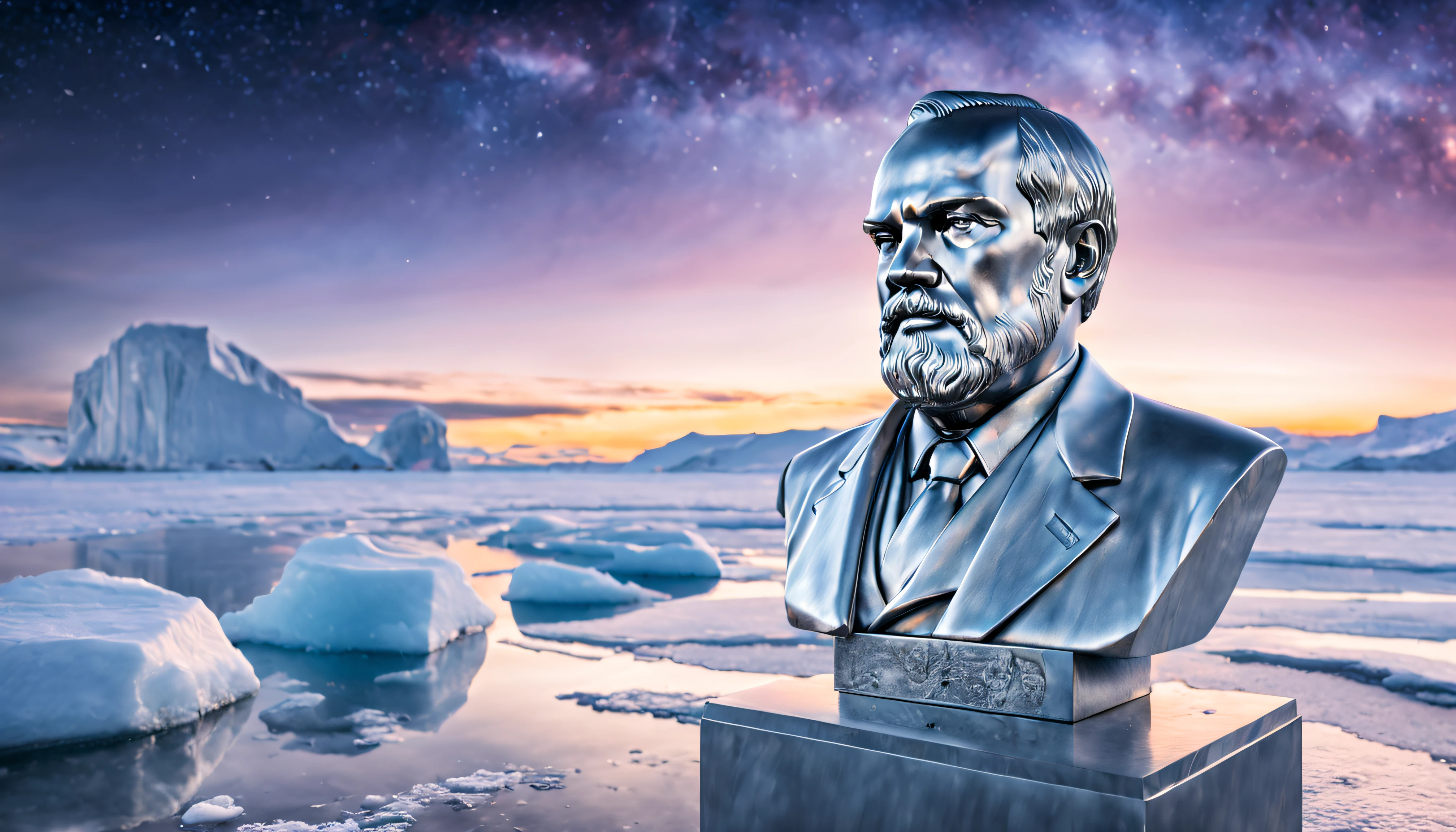 the resplendent solid silver bust of lenin, marble embossed plinth writing, frozen wasteland of antarctica, daytime, brilliant sunlight, icy water, aurora, stars, galaxies, nebulae