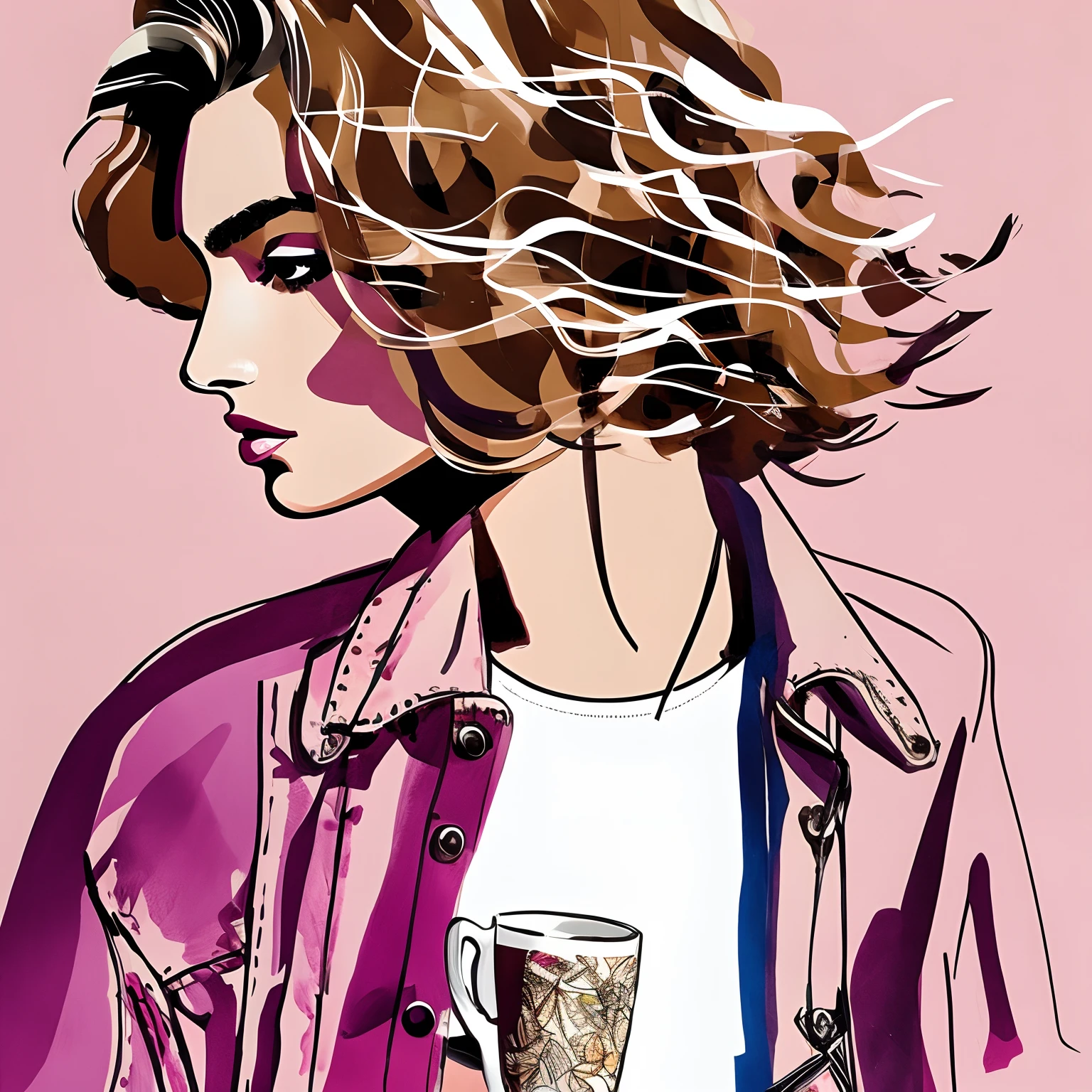 David downton fashion illustration, line art, blonde bob thin hair 1woman, andreea diaconu, trendy denim jacket, italy, grape, grape leaves, sunlight, pink, beige, dreamy, cup tea