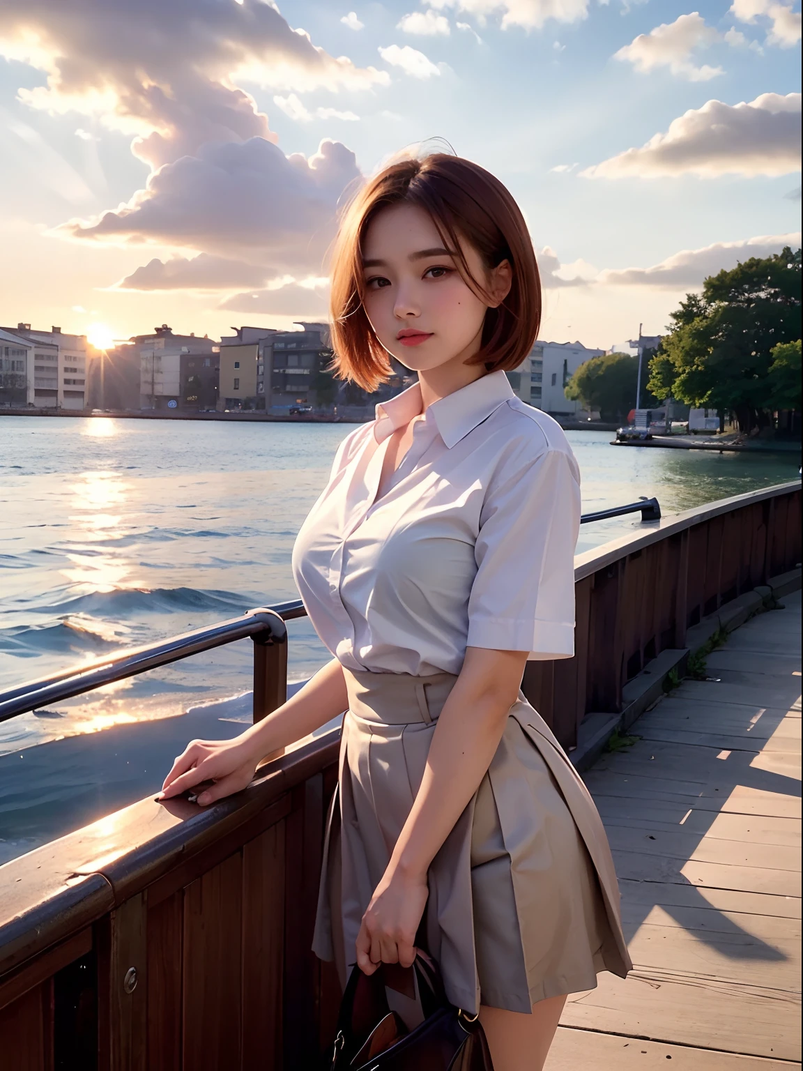 top-quality, masutepiece, High Definition, 16k image, (Sunset sky), Beautiful clouds dyed red, Dazzling sunset, Sunset sky reflected on the surface of the water, Beautiful High School Girl, (red blush), (Medium bob hair), Beautiful light brown hair, beautiful light brown eyes, (plump big breasts), High School Uniform, Constricted waist, White blouse with short sleeves, Pleated skirt , High school girl standing on the pier on the riverbank, Be mesmerized by the mesmerizing reflection of the sunset on the surface of the water. Uniform skirt sways lightly in the wind,