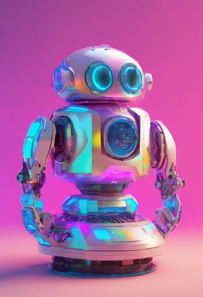 a futuristic round robot holographic colors landscape with lite purple background