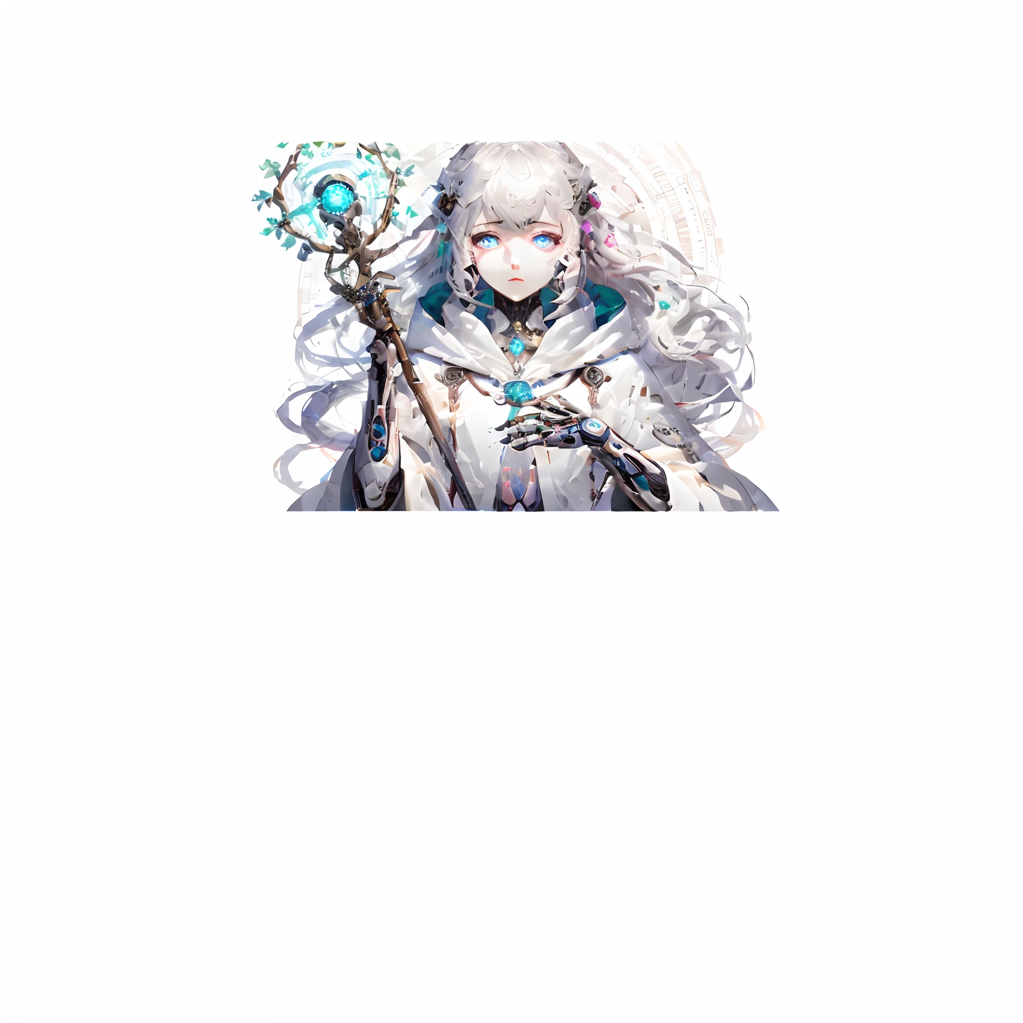In a 3:4 aspect ratio, an anime-inspired illustration captures Artificial Empathy from head to toe. From the Intellect faction, her presence is a blend of sagacity and enigma. Her hands grip a decorative magical staff, its design echoing themes of intellect and healing. Her Trent pet, a mystical floating tree, is by her side. Her attire, a modern robe, seamlessly merges technological designs with magical emblems. Her eyes, profound and serene, hint at a deep comprehension of the world's anguish and her capability to soothe it.