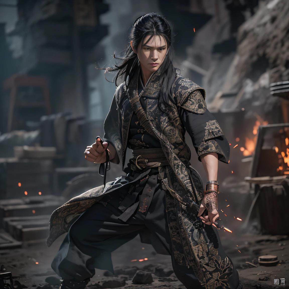 (Explosive ruins)eyes filled with angry,He clenched his fists,Rush up,Deliver a fatal blow to your opponent,full bodyesbian,Full Body Male Mage 32K(tmasterpiece,k hd,hyper HD,32K)Long flowing black hair,Campsite size,zydink, a color, patriot (废墟), (Linen batik scarf), Angry fighting stance, looking at the ground, Batik linen bandana, Chinese python pattern long-sleeved garment, (Abstract propylene splash:1.2), Dark clouds lightning background,Flour flies(realisticlying:1.4),Black color hair,Flour fluttering,Background fog, A high resolution, the detail, RAW photogr, Sharp Re, Nikon D850 Film Stock Photo by Jefferies Lee 4 Kodak Portra 400 Camera F1.6 shots, Rich colors, ultra-realistic vivid textures, Dramatic lighting, Unreal Engine Art Station Trend, cinestir 800,Flowing black hair,(((Male mage))),The male mage was furious,