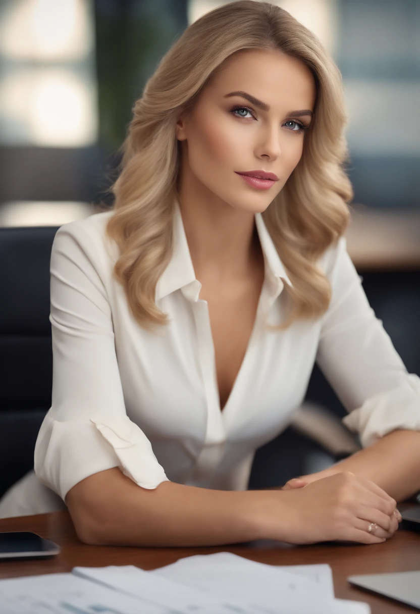 professional, (4k photo:1.1), (Sharp focus:1.3), high detail, wearing trendy business clothes, beautiful detailed face, hazel eyes, blonde hair, body shape, office board room with desk