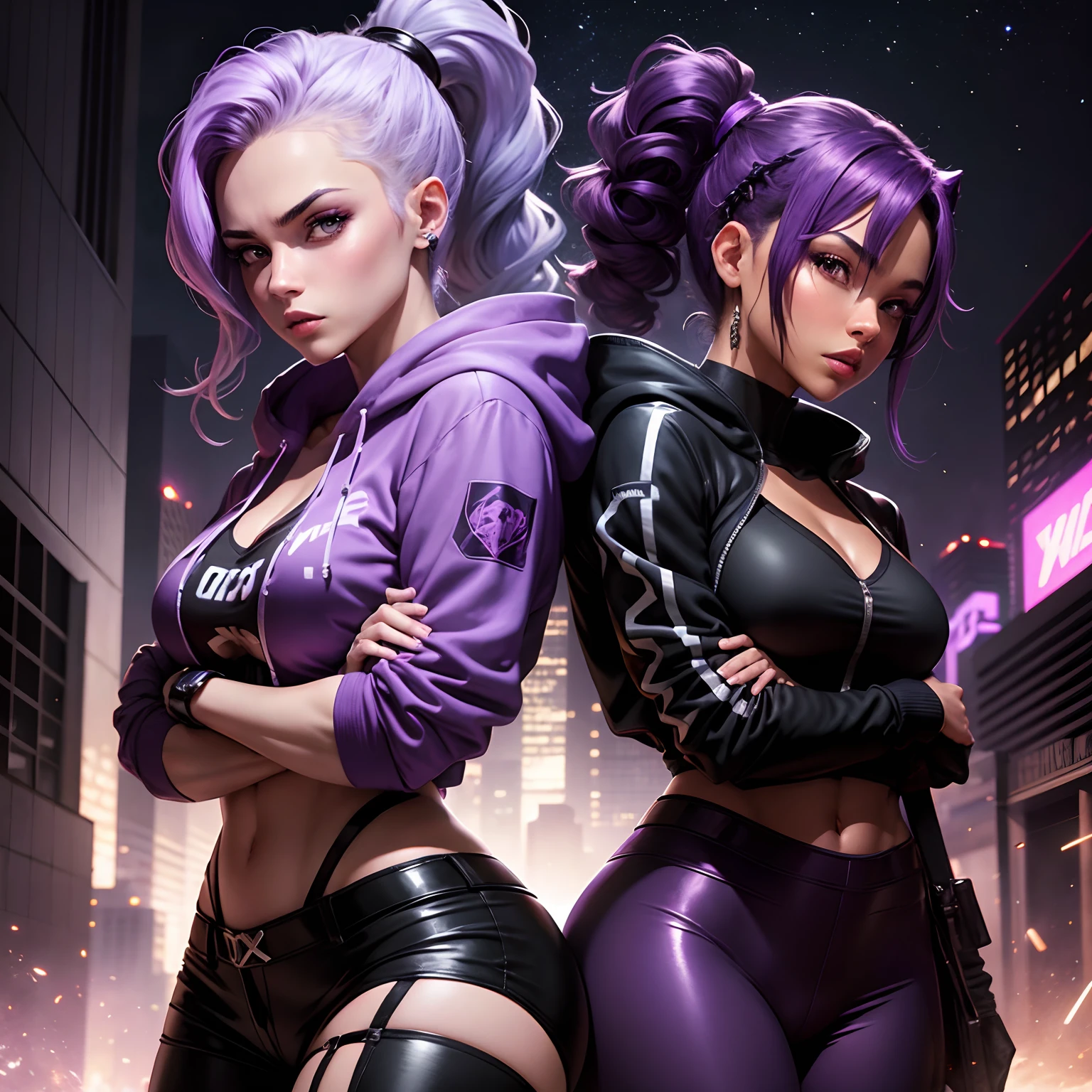 two female characters with purple hair and black and pink hair, cyber universe style, cyber punk setting, unreal engine : : delirium makeup, cyber style, in a cyber-punk ally, futuristic avatars, punk girl, a cyberpunk 2077, gothic and futuristic, beautiful science fiction twins, dark purple hair and cybernetics