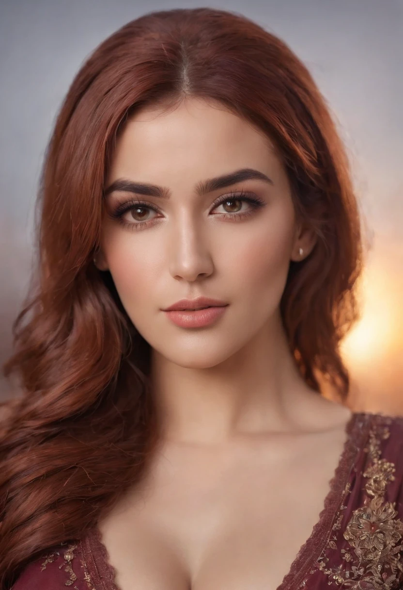 8k, RAW photo, best quality, masterpiece:1.2),(realistic, photo-realistic:1.37),sunset,soft light,"photo of a Beauty Arabic women with Huge boob,hijab, extremely beautiful face,bust,Random hairstyle,red hair color,Naughty expression,pigsney, adult content,nsfw,cleavage