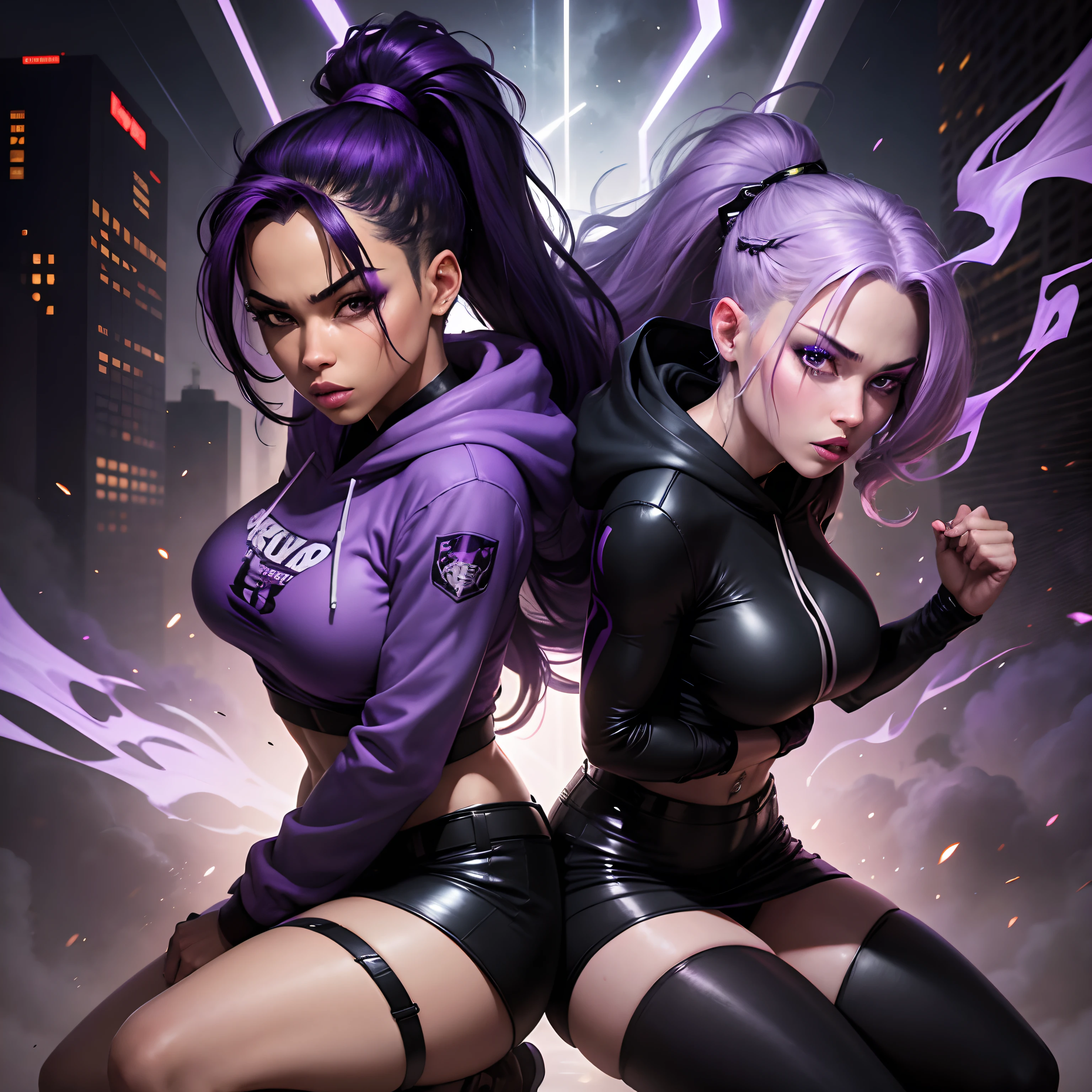 graphic novel style, fighting villains, houston texas, night time, purple smoke, two beautiful crime fighting models, one caucasian with light purple hair dressed in black, one mixed African American with dark hair dressed in purple, 23 years old, wearing hoodies, skirts, pony tails, katanas,