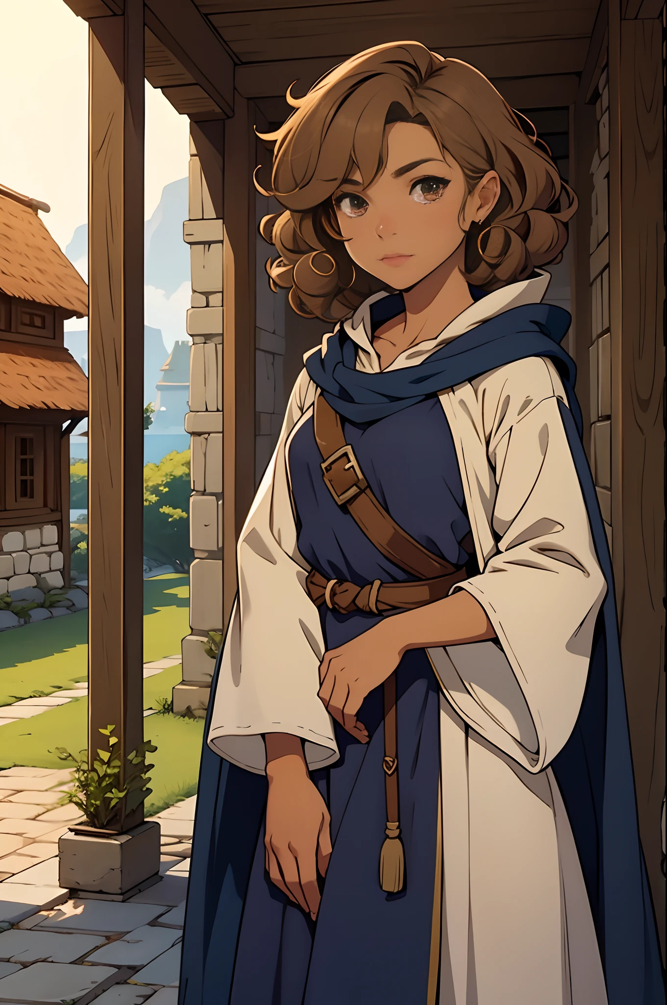 Solo, female, standing, looking at viewer, (tan skin), fantasy village, linen tunic, navy cloak, light brown hair, curly hair, highlights