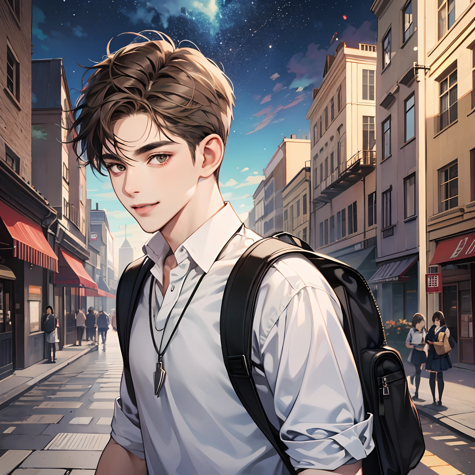 one Male Student named Chris,Fair skin color,Short haircut,Brown hair,Hazel eyes,  smile,,with Black Cap in head,wearing Gray high school uniform ,holding/carring Silver Necklace,Brown backpack
