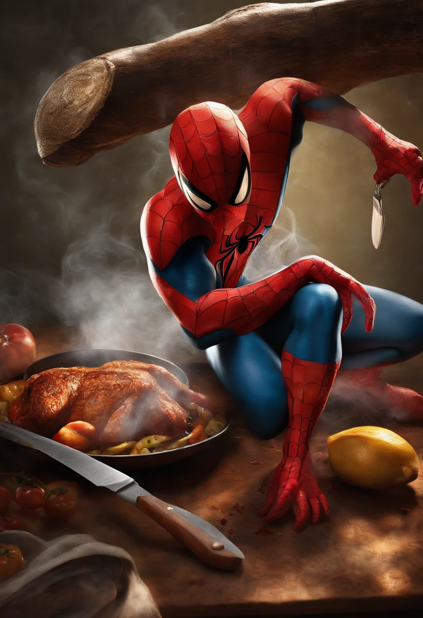 Spider man Cook with sharp knife cut chicken