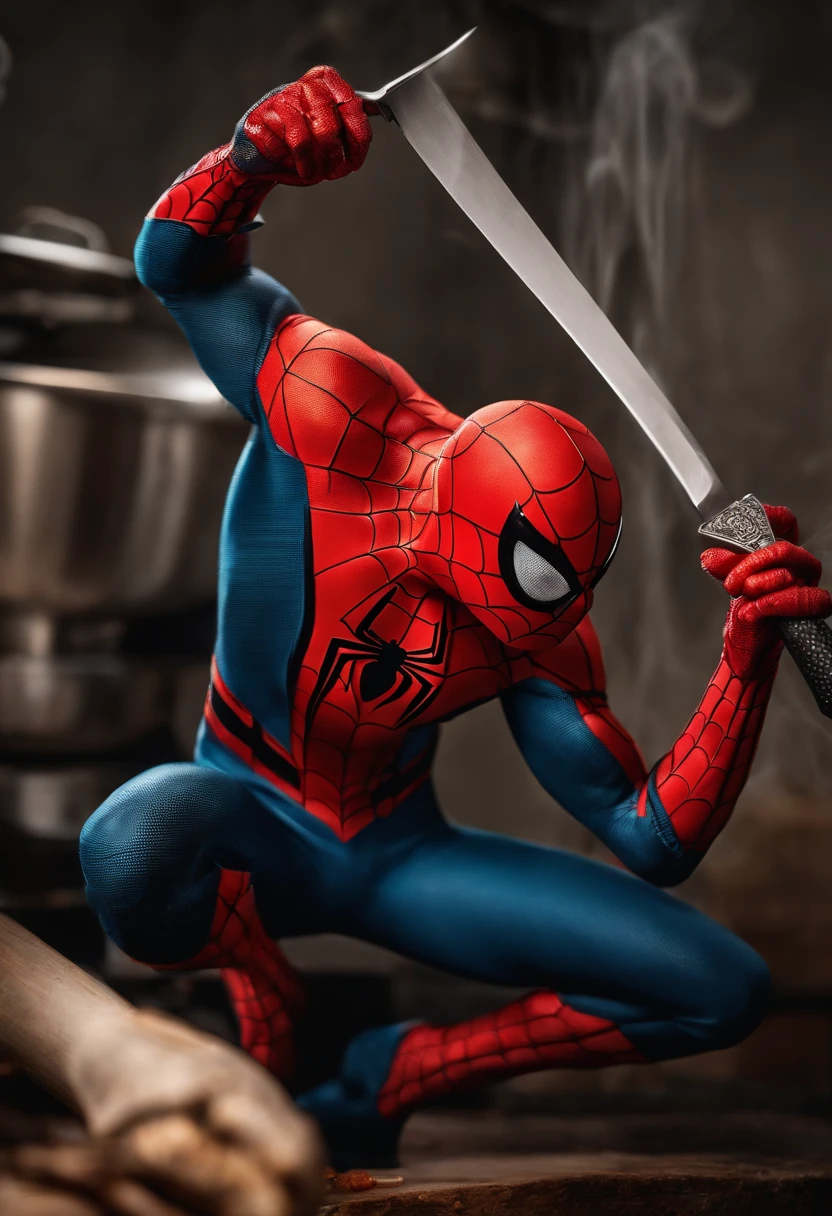 Spider man Cook with sharp knife cut chicken