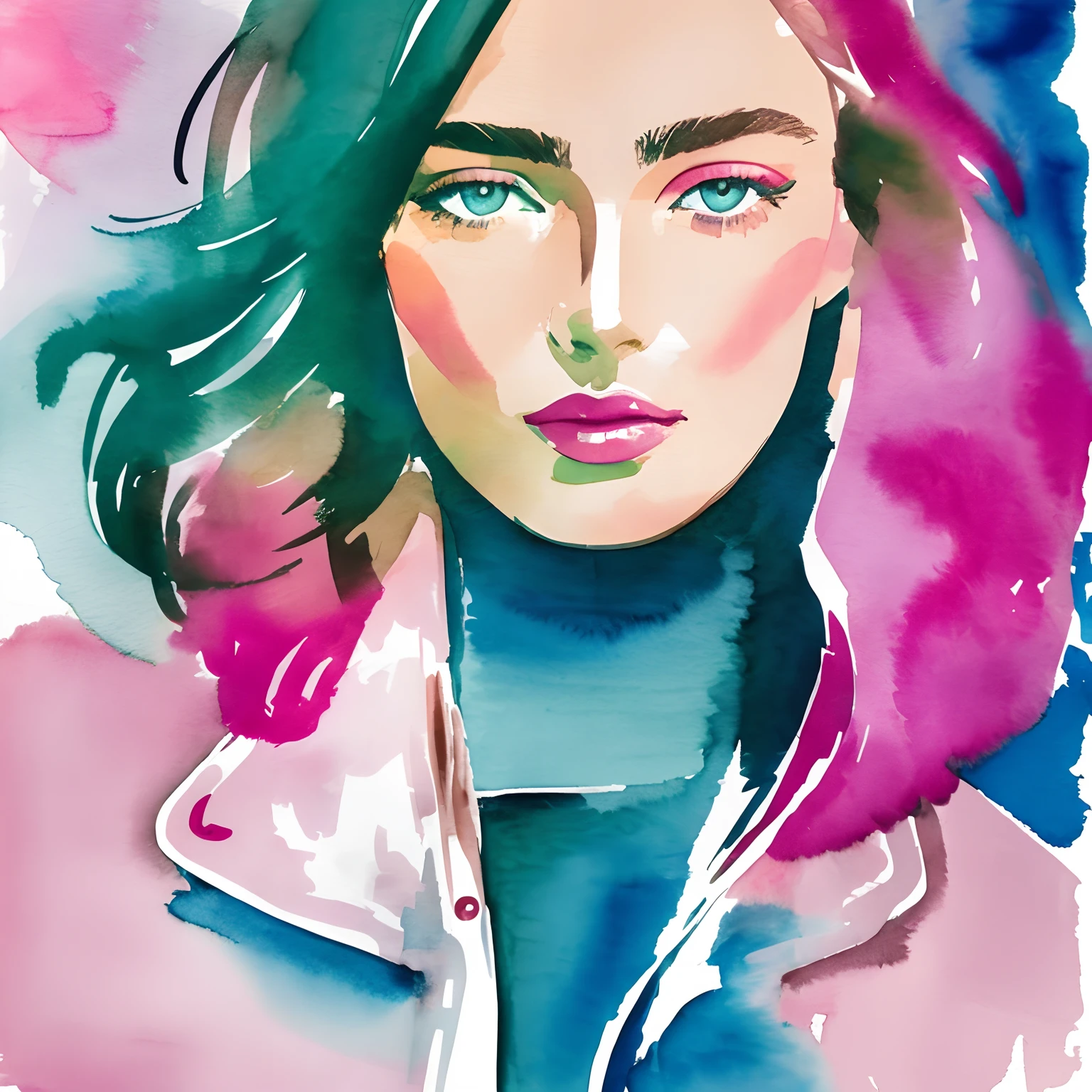 David Downton fashion illustration watercolor, light brown blonde thin bob hair 1woman, blue eyes, Andreea Diaconu, fluffy pink sweater, light blue trendy denim jacket, apple green tea, Paris street, lilac