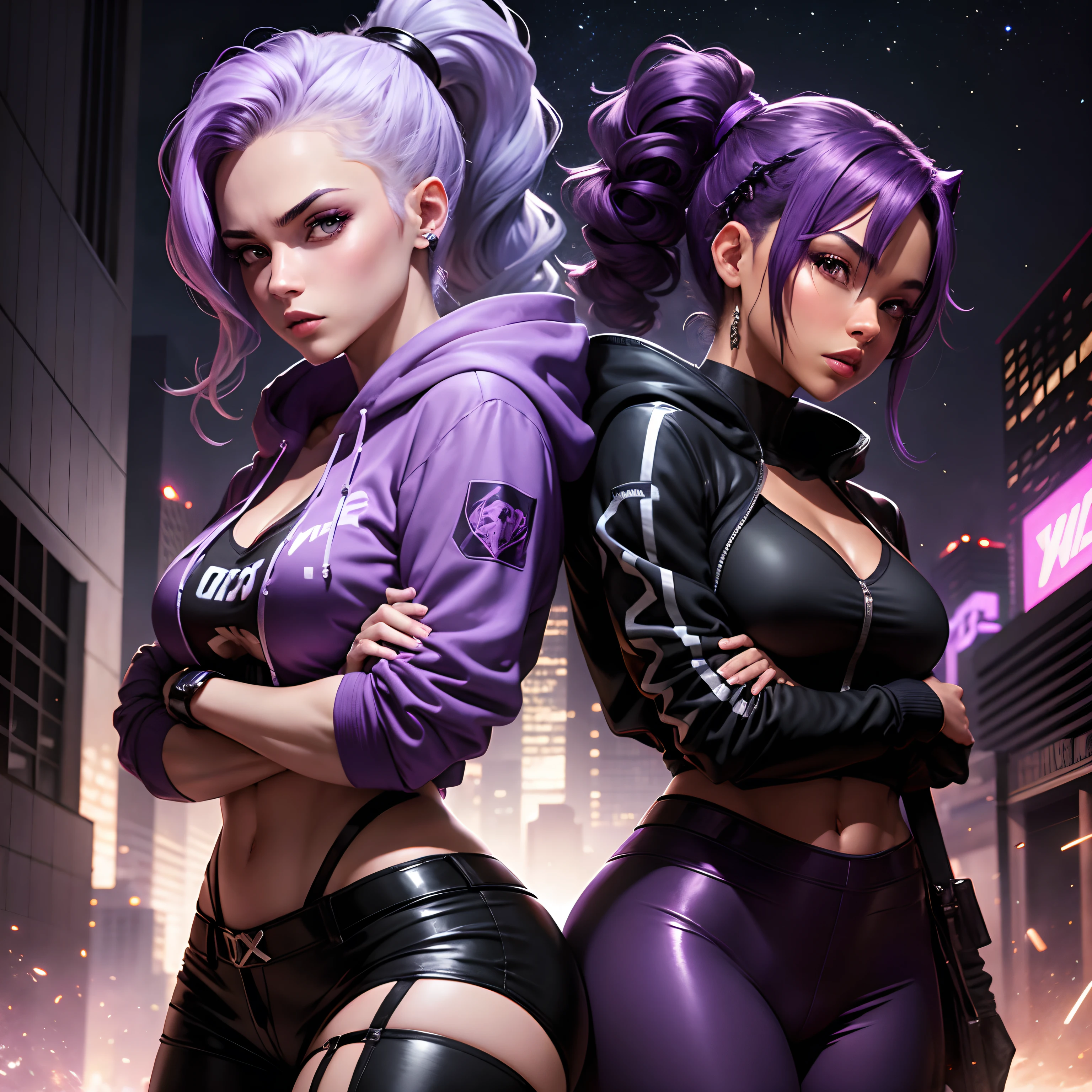 graphic novel style, ready to fight a villain, houston texas, night time, purple smoke, two beautiful crime fighting models, one caucasian with light purple hair, one mixed African American with dark hair, 23 years old, wearing hoodies, skirts, pony tails, staff, katana, surrounded by enemies