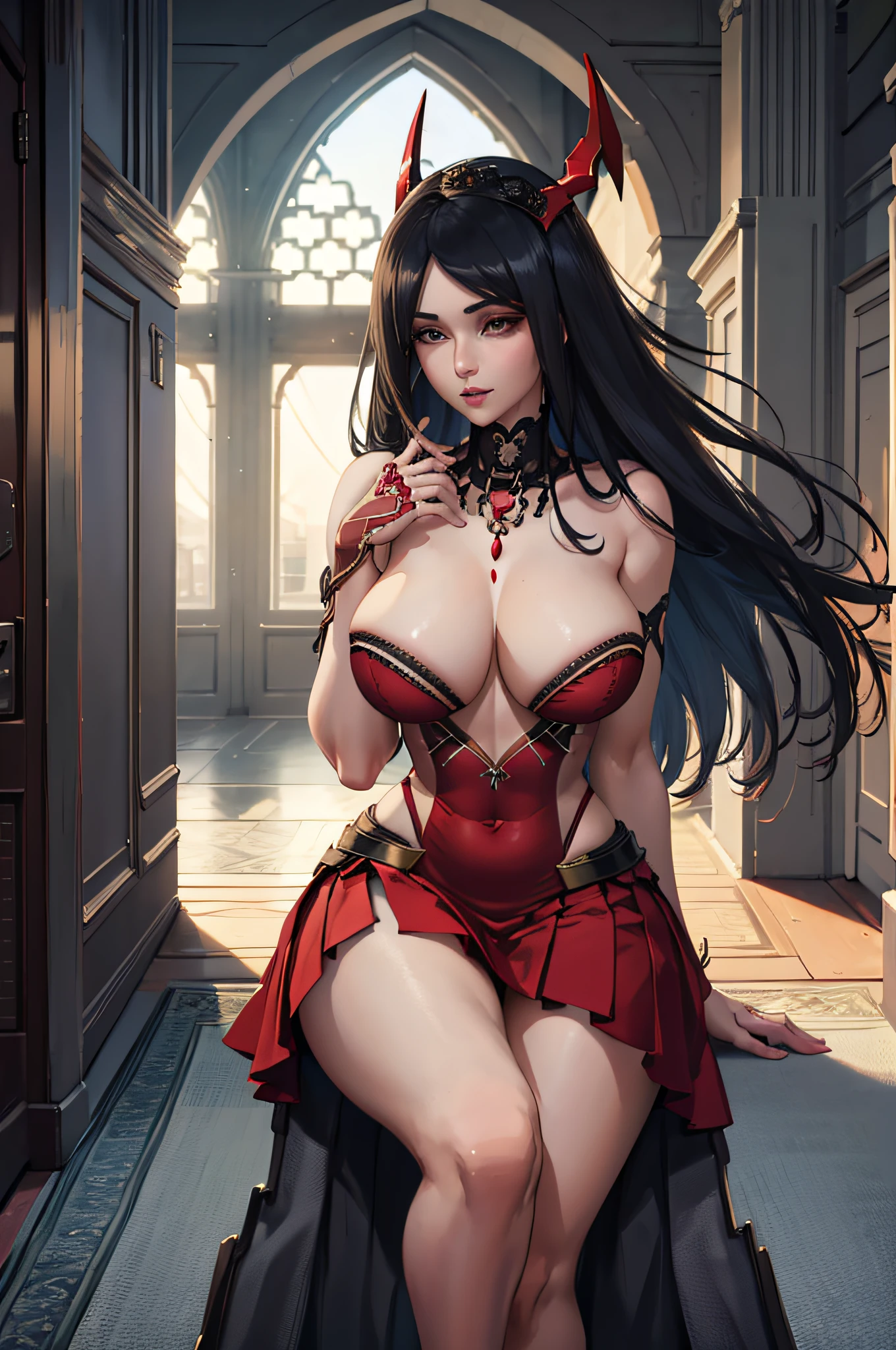 friedrichwedding, headfriedrichwedding, bridal veil, elbow gloves, mature woman sitting by the huge window in a corridor of a grandiose palace, wearing a short sexy and elegant red dress, while playing with a small white dog with her bare foot, older female, long black hair, hair accessory, earings, thin necklace, large breasts, cleavage, bare legs, shaped thighs, barefoot, red dress, short dress, elegant dress, by the window, palace, red carpet, corridor, morning light, sunlight, ethereal, looking at viewer, seductive anime girl, seductive look, sexy pose, full body, (full body shot:1.1), beautiful detailed eyes, beautiful detailed girl, curvy:1.1, dynamic pose, fashion clothing with diverse colors, perfect eyes, perfect face, perfect retina, perfect hands, perfect fingers, perfect feet, perfect toes, ultra detail face, ultra detail hair, very detailed eyes and face, ambient occlusion, cinematic lighting, field of view, fluid motion, harmony, interconnected elements, movie lighting, photorealistic lighting, realistic shadows, (vibrant colors:1.05), vivid lighting, warm and cool color palette, amazing, solo, trending on artstation pixiv, 8k wallpaper, best quality, CG, detailed painting, fine detail, (High Quality:1.4), high resolution, huge file size, illustration, Intricate Details, masterpiece, (photorealistic:1.4), professional artwork, (raw photo:1.2), reflective art, sharp focus, super detailed, unified, very detailed, extremely detailed artgerm, (nsfw) Not Safe For Work,