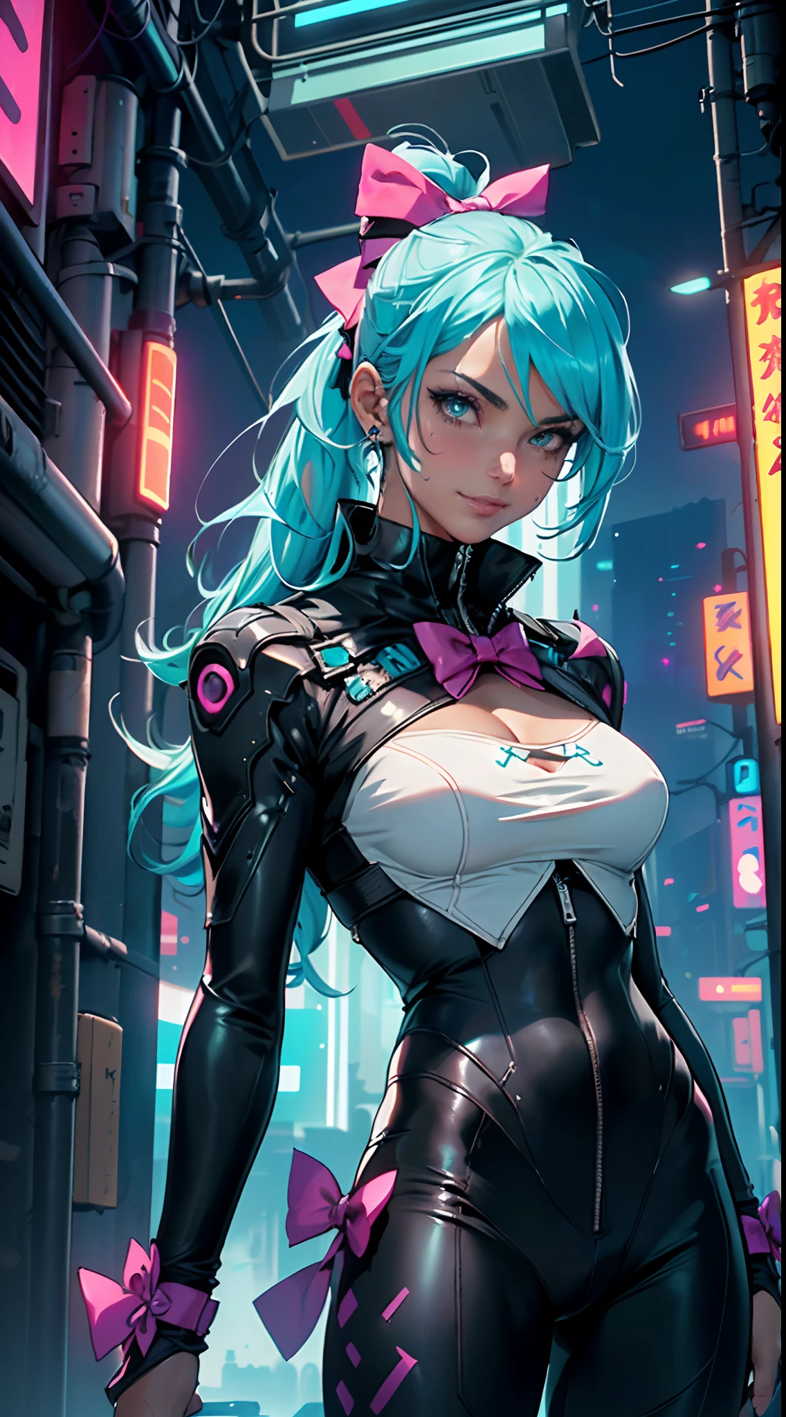 ((Highest quality))、(masterpiece)、Hatsune Miku VOCALOID、(Twin tails)、Light blue hair、Water-colored pupils、cyber punk、Ultimate Physical Beauty、Big Ass、(Big Breasts)、Bodysuits、Sexy pose、12-year-old girl has electronic visor fitted to her face、red latex body、Cyberpunk mode、(Light blue hair:1.4),Breast enlargement、Neon lights in the dark city at night,Unreal Engine:1.4,Ultra-high resolution,La highest quality:1.4, Realistic:1.4, Skin Texture:1.4, masterpiece:1.8,masterpiece, highest quality,（Beautifully detailed eye depiction）
