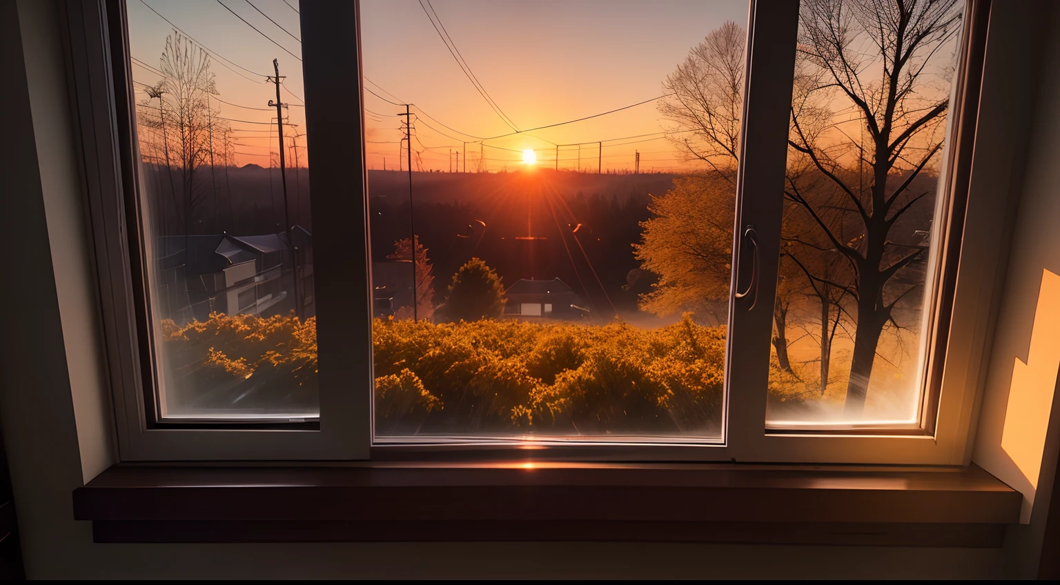 the setting sun,unmanned,Sunset from the window,Trees are growing