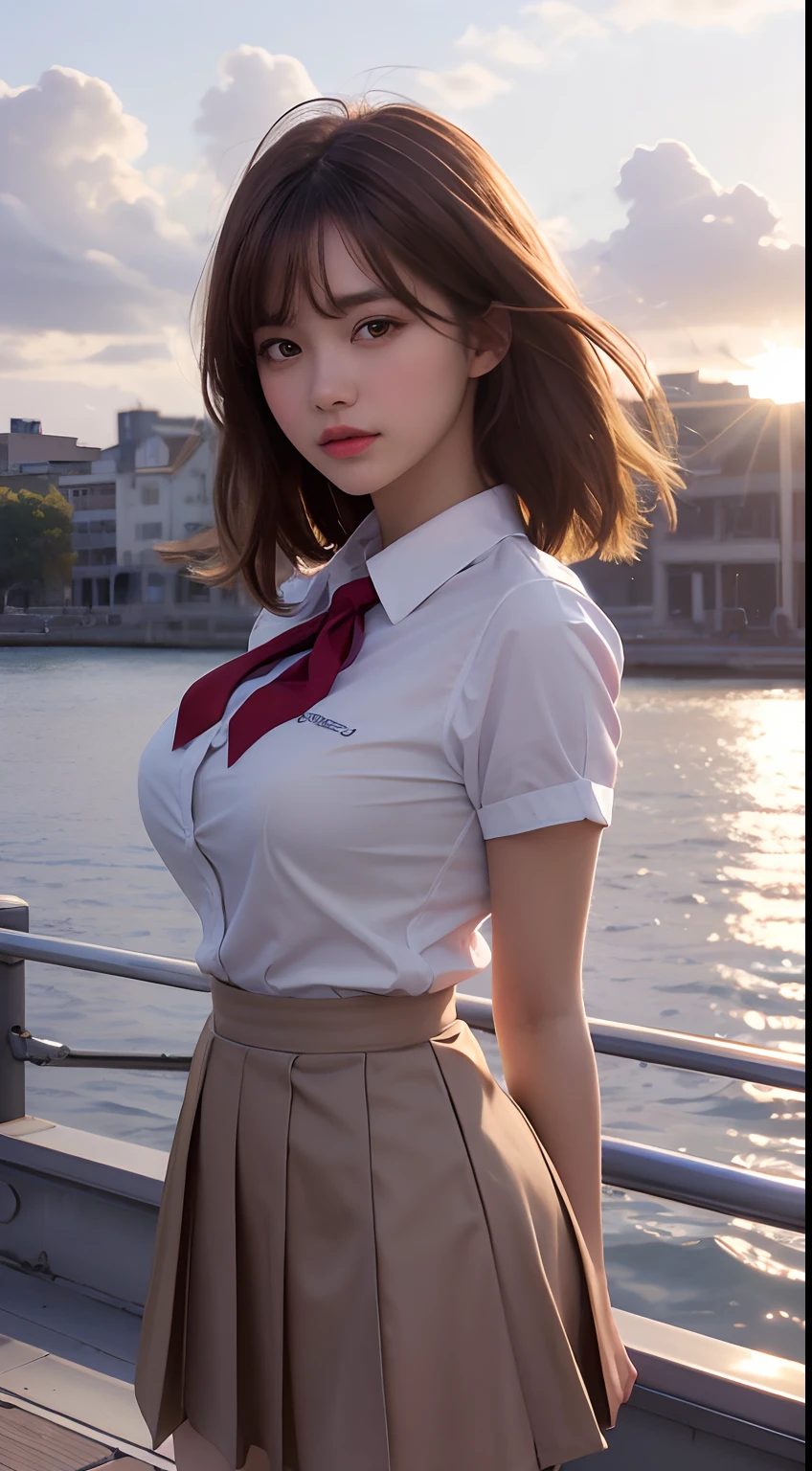 top-quality, masutepiece, High Definition, 16k image, (Sunset sky), Beautiful clouds dyed red, Dazzling sunset, Sunset sky reflected on the surface of the water, Beautiful High School Girl, (red blush), (Medium bob hair), Beautiful light brown hair, beautiful light brown eyes, (plump big breasts), High School Uniform, Constricted waist, White blouse with short sleeves, Pleated skirt , High school girl standing on the pier on the riverbank, Be mesmerized by the mesmerizing reflection of the sunset on the surface of the water. Uniform skirt sways lightly in the wind,