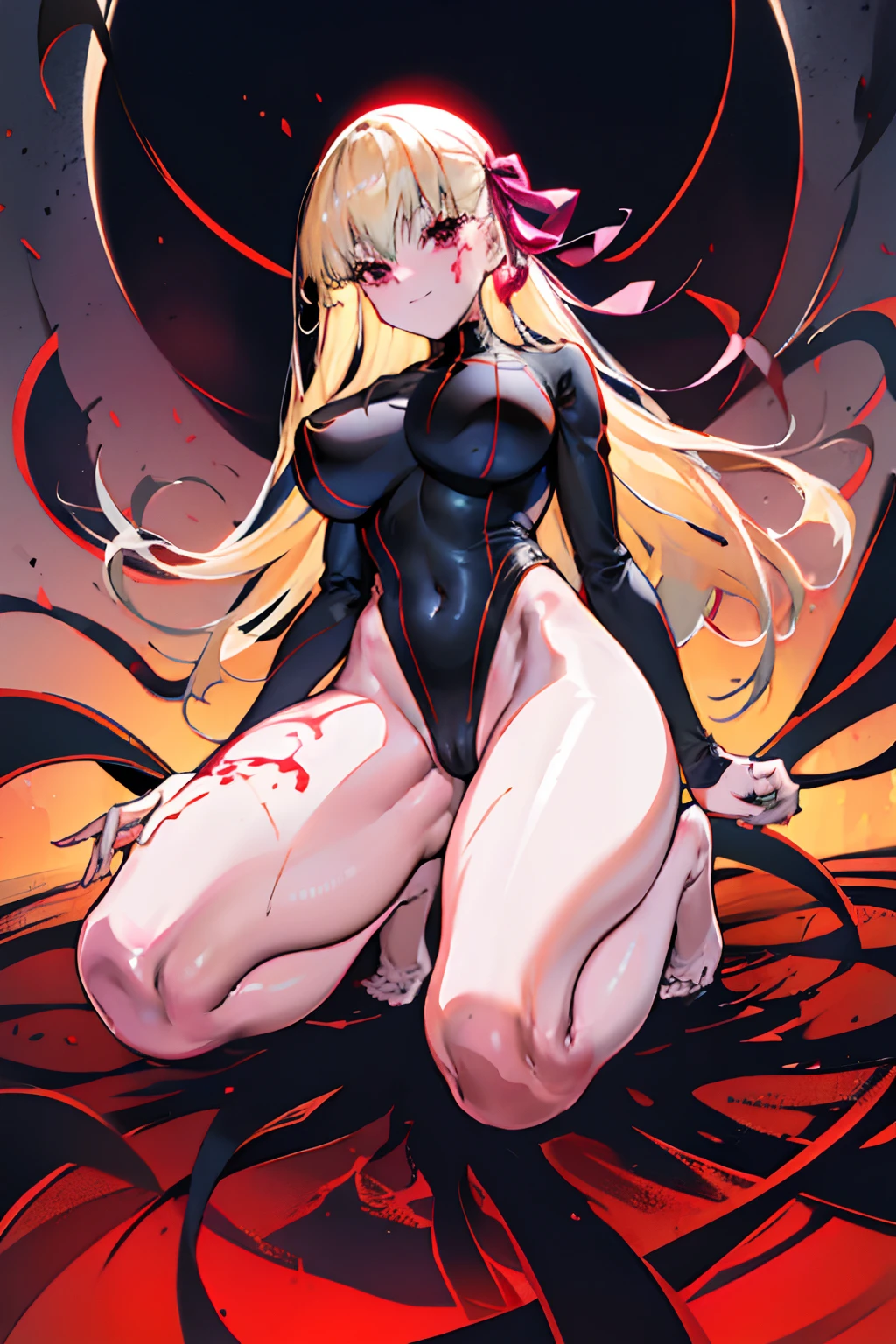 Anime style face a blond Black full body suit Red lines all over the body huge tit Big ass Whip thighs bare-legged seductiv a smile succubus Rear view