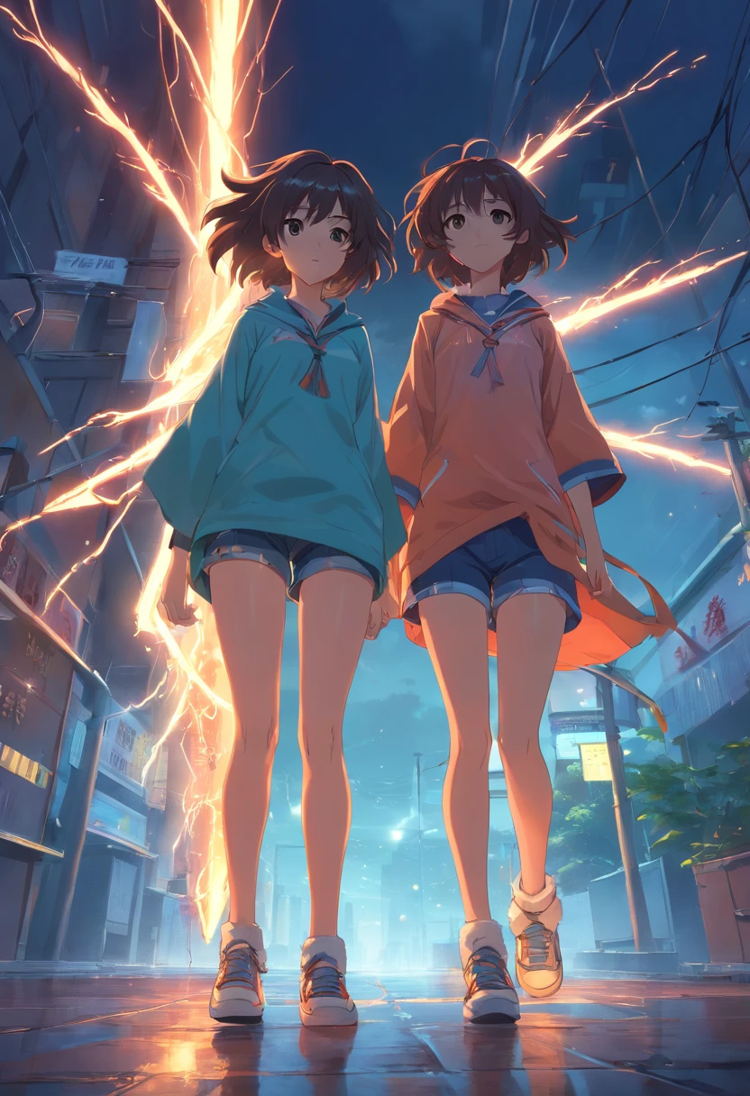 "Sinister atmosphere, electricity, Mysterious twins, Wielding a sharp spear, Stylish shorts and tunic, Fluffy and wild hair, Decorative anklets, Intertwined roots, Embrace the nature of dark scholarship." Masterpiece, a 3D render, together, fights,