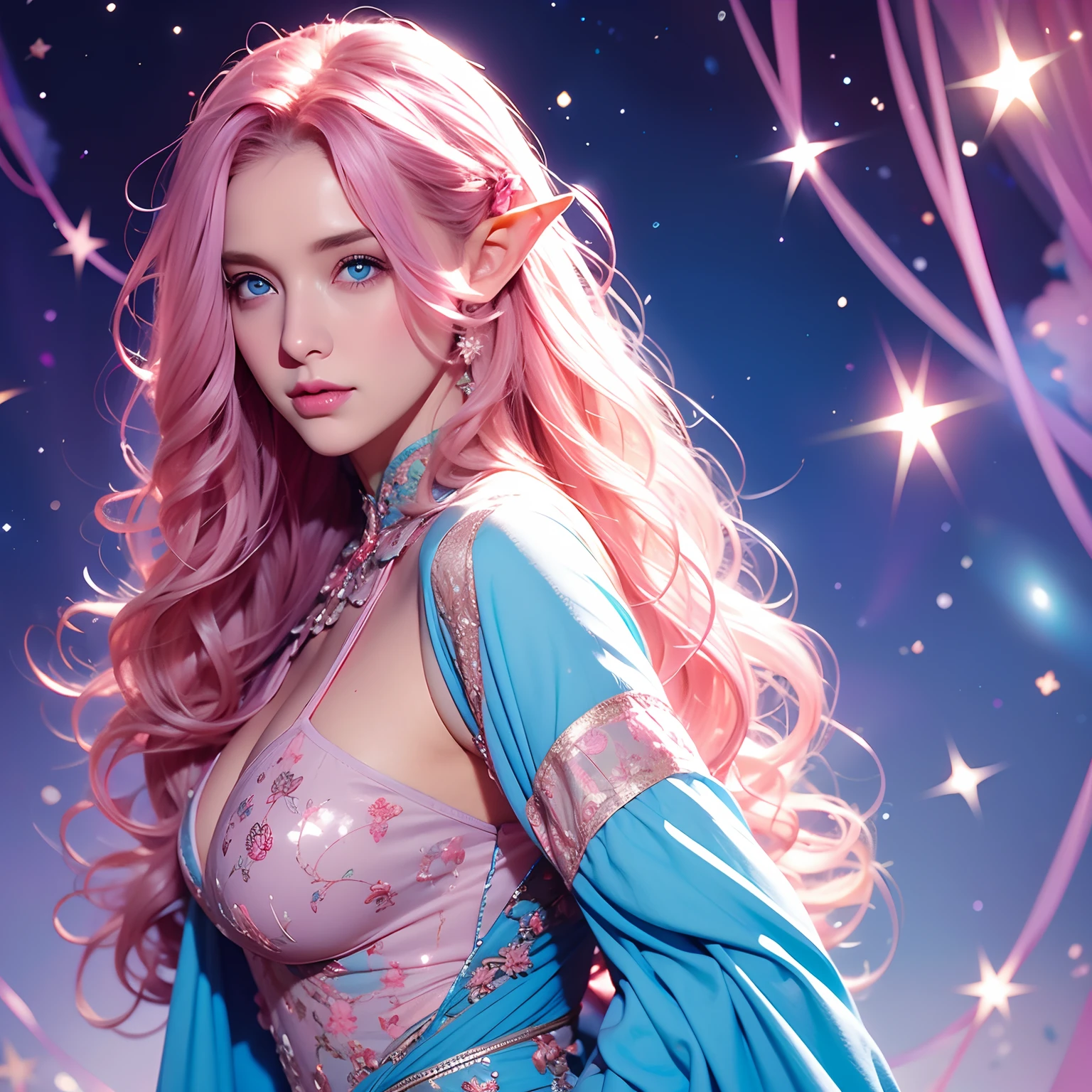 Woman, long curly hair, pink hair, blue eyes, elf, magical background, star, low-cut outfit