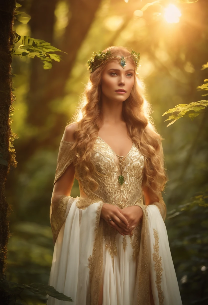 "Elf with a captivating gaze, ethereal beauty, flowing golden hair, pointed ears, adorned in intricate elven attire, surrounded by mystical forest, soft sunlight filtering through lush greenery, bikini white triangle