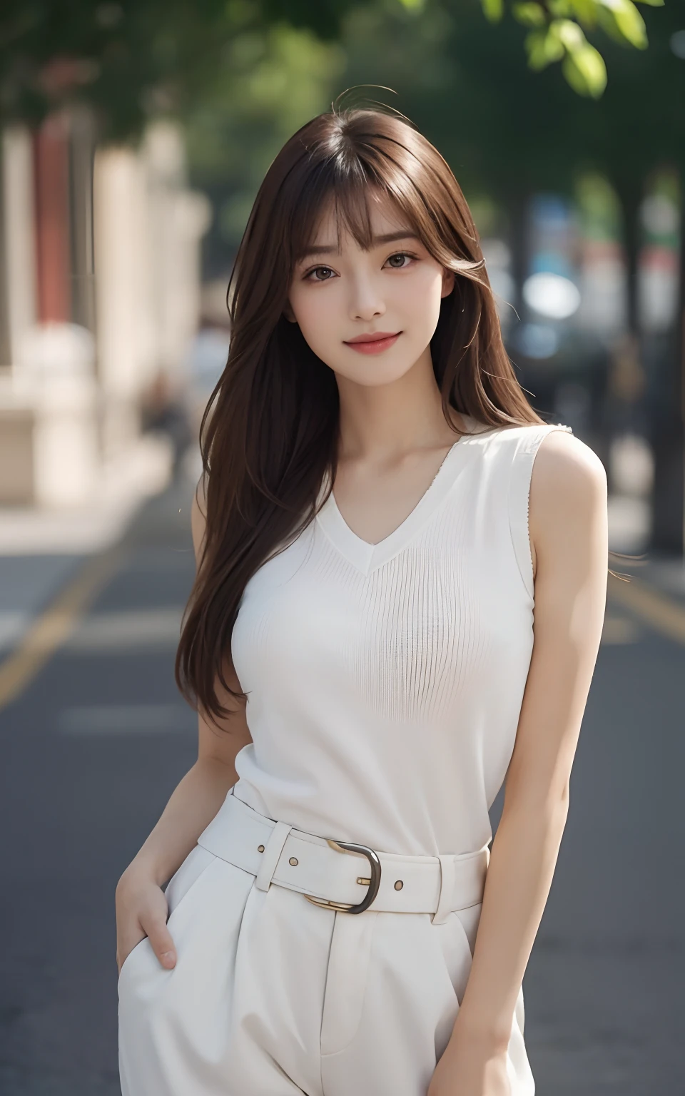 (bestquality, Piece Table, ultra hd: 1.3), 1girl in, Middlebox, Light brown hair, blunt bangs, hair behind ear, hair over shoulder, long-haired, Slender Figure, ultra-fine face, Sensitive lips, beautidul eyes, Thin blush, The eyes are light brown......, Perfect glossy skin, Flawless skin, Glittering sweat, See here......, Ultra-thin hands, Ultra-fine fingers, best ratio four fingers and one thumb, (reality:1.3), finger extension, white blouse, White short skirt, super model legs, flat. , Eye-Level Shot,  chesty, 10,Broadleaf forests (environment, in a city in France) (Random costumes,Random clothing color)
