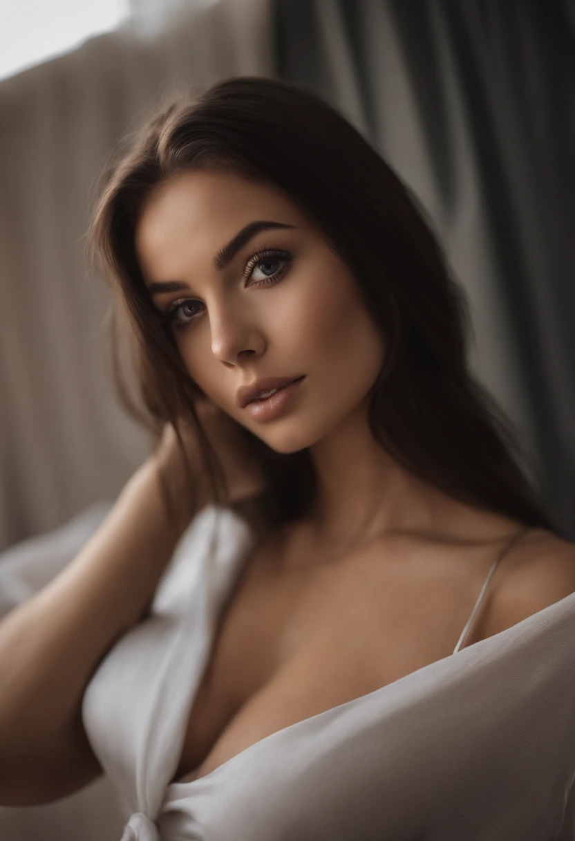 arafed woman with black sexy atractive clothes, sexy girl with brown eyes, portrait sophie mudd, black hair and large eyes, selfie of a young woman, bedroom eyes, violet myers, without makeup, natural makeup, looking directly at the camera, face with artgram, subtle makeup, stunning full body shot, in a roof , cleavage tits, swisuit