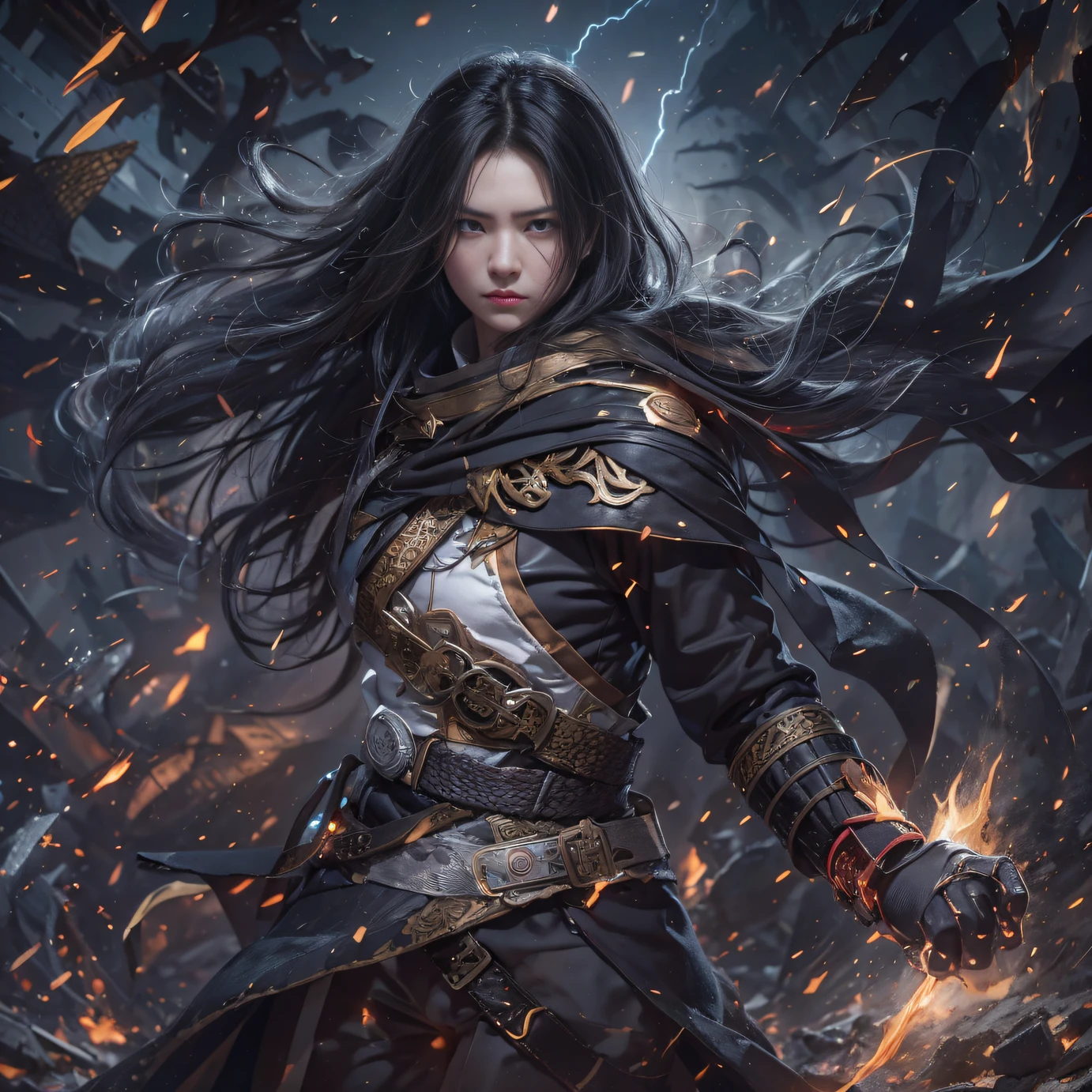 (Explosive ruins)eyes filled with angry,He clenched his fists,Rush up,Deliver a fatal blow to your opponent,full bodyesbian,Full Body Male Mage 32K(tmasterpiece,k hd,hyper HD,32K)Long flowing black hair,Campsite size,zydink, a color, patriot (废墟), (Linen batik scarf), Angry fighting stance, looking at the ground, Batik linen bandana, Chinese python pattern long-sleeved garment, (Abstract corpse splash:1.2), Dark clouds lightning background,Broken bones(realisticlying:1.4),Black color hair,Flour fluttering,Background fog, A high resolution, the detail, RAW photogr, Sharp Re, Nikon D850 Film Stock Photo by Jefferies Lee 4 Kodak Portra 400 Camera F1.6 shots, Rich colors, ultra-realistic vivid textures, Dramatic lighting, Unreal Engine Art Station Trend, cinestir 800,Flowing black hair,(((Male mage))),The male mage was furious,