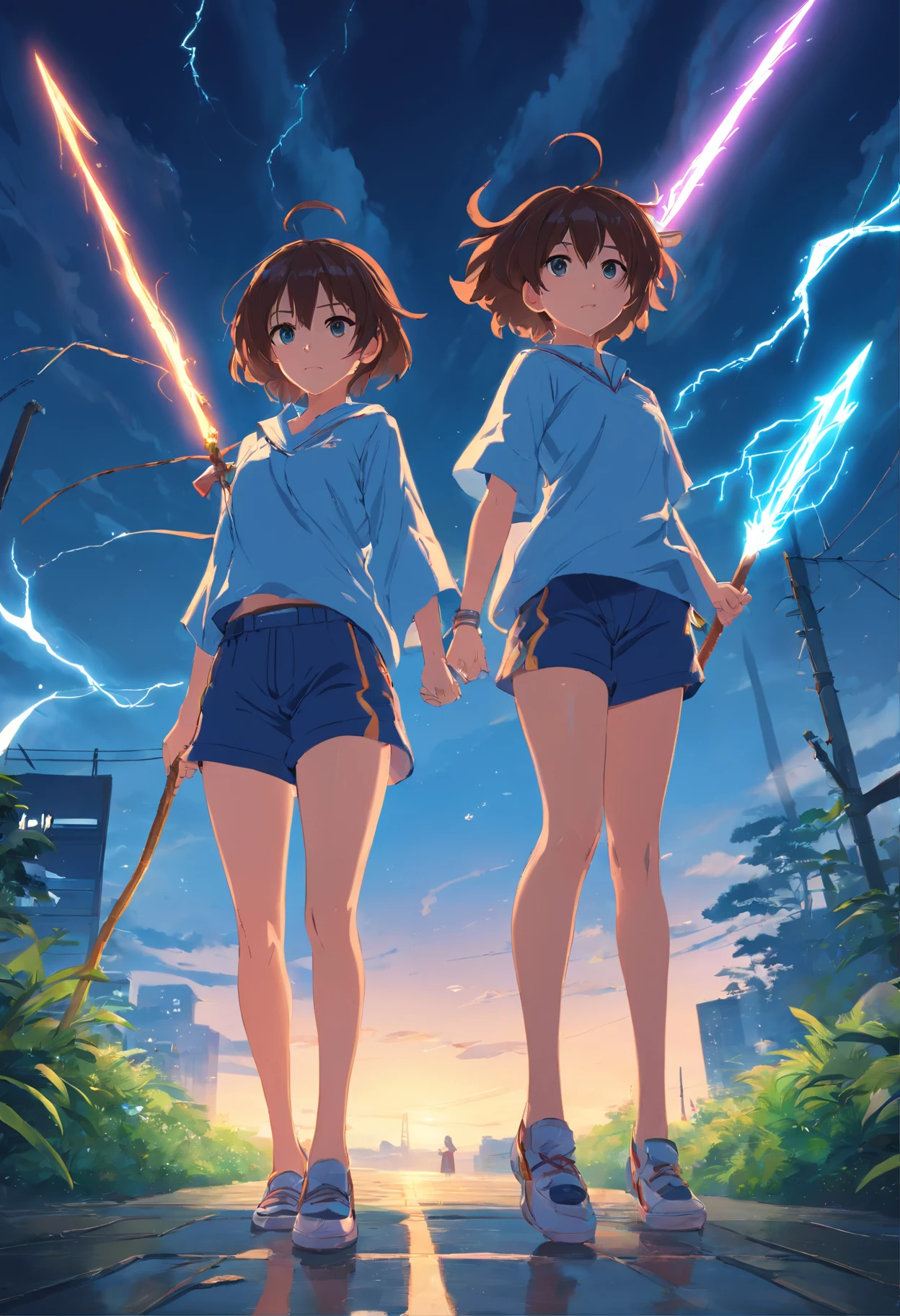"Sinister atmosphere, electricity, Mysterious twins, Wielding a sharp spear, Stylish shorts and tunic, Fluffy and wild hair, Decorative anklets, Intertwined roots, Embrace the nature of dark scholarship." Masterpiece, a 3D render, together, fights,