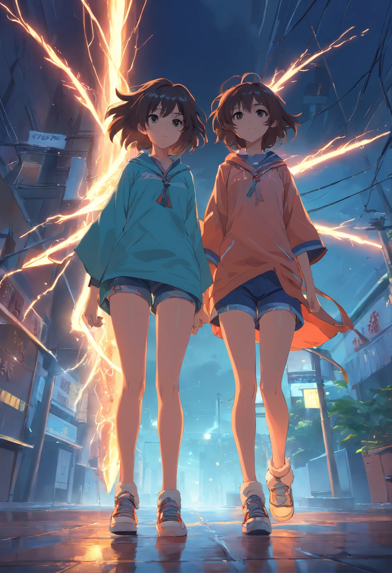 "Sinister atmosphere, electricity, Mysterious twins, Wielding a sharp spear, Stylish shorts and tunic, Fluffy and wild hair, Decorative anklets, Intertwined roots, Embrace the nature of dark scholarship." Masterpiece, a 3D render, together, fights,
