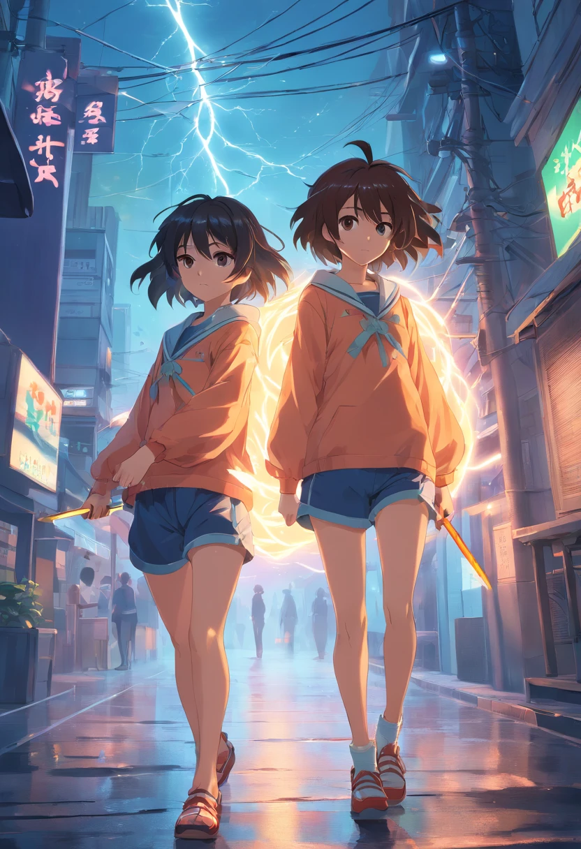 "Sinister atmosphere, Electricity, Mysterious twins, Wielding a sharp spear, Stylish shorts and tunic, Fluffy and wild hair, Decorative anklets, Intertwined roots, Embrace the nature of dark scholarship." Masterpiece, a 3D render, together, fights,