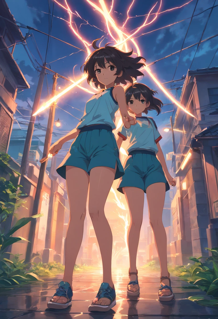 "Sinister atmosphere, Electricity, Mysterious twins, Wielding a sharp spear, Stylish shorts and tunic, Fluffy and wild hair, Decorative anklets, Intertwined roots, Embrace the nature of dark scholarship." Masterpiece, a 3D render, together, fights,